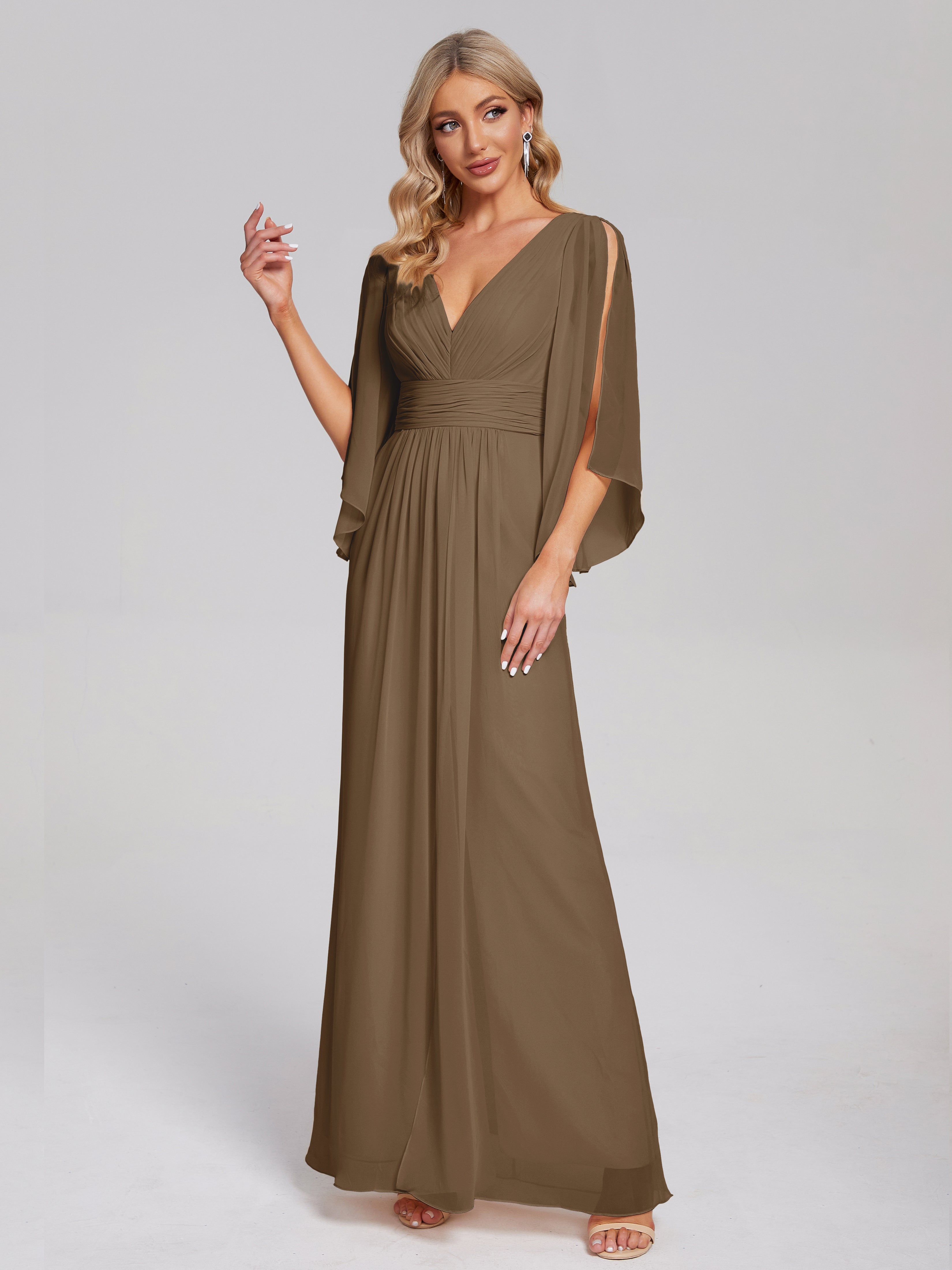 Robe De Demoiselle D'Honneur Moka Demi Manches Col V Fendue Mousseline Robes Demoiselle D'Honneur