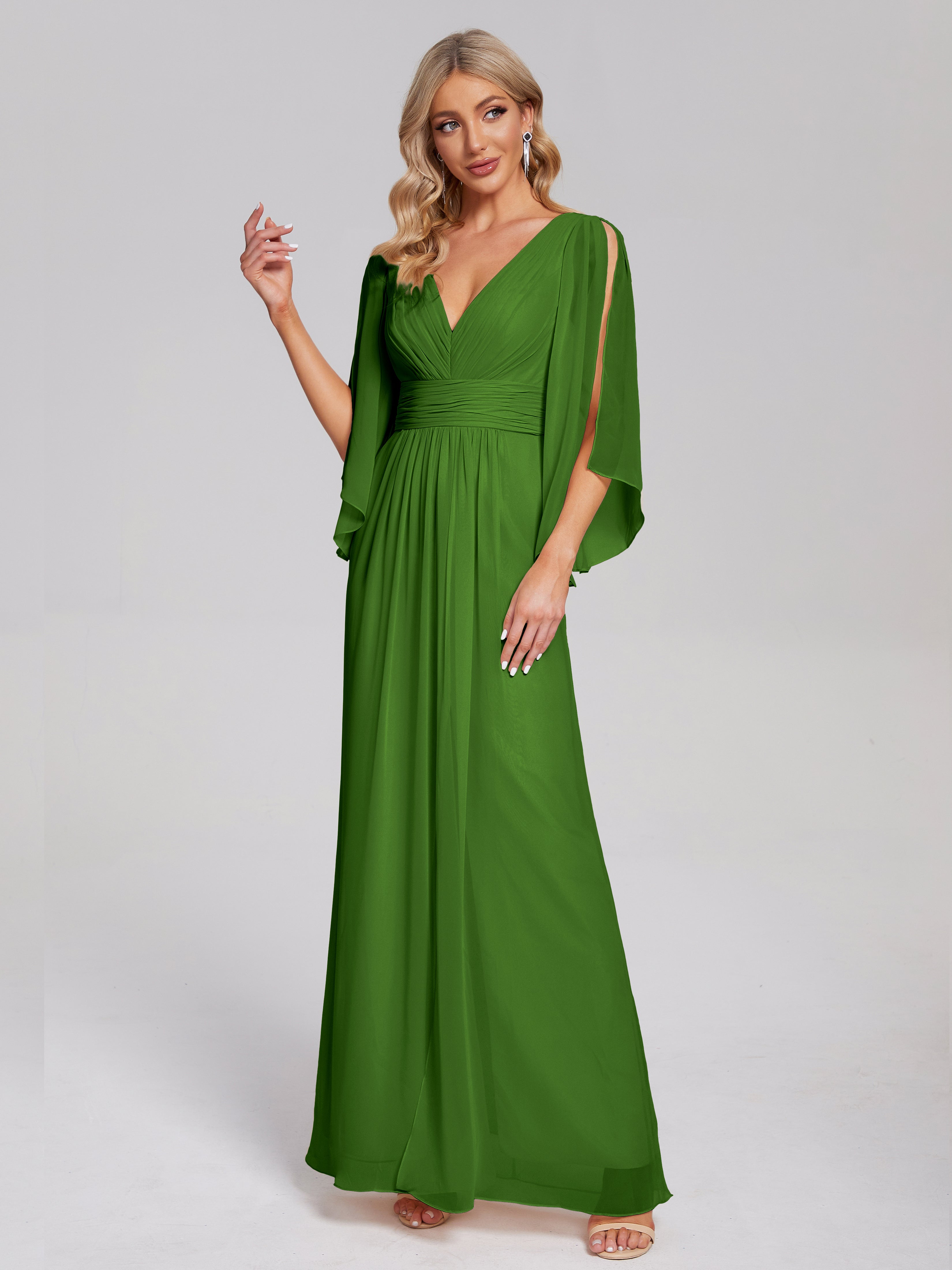 Robes De Demoiselle D'Honneur Vert Mousse Demi Manches Col V Fendue Mousseline Robes Demoiselle D'Honneur