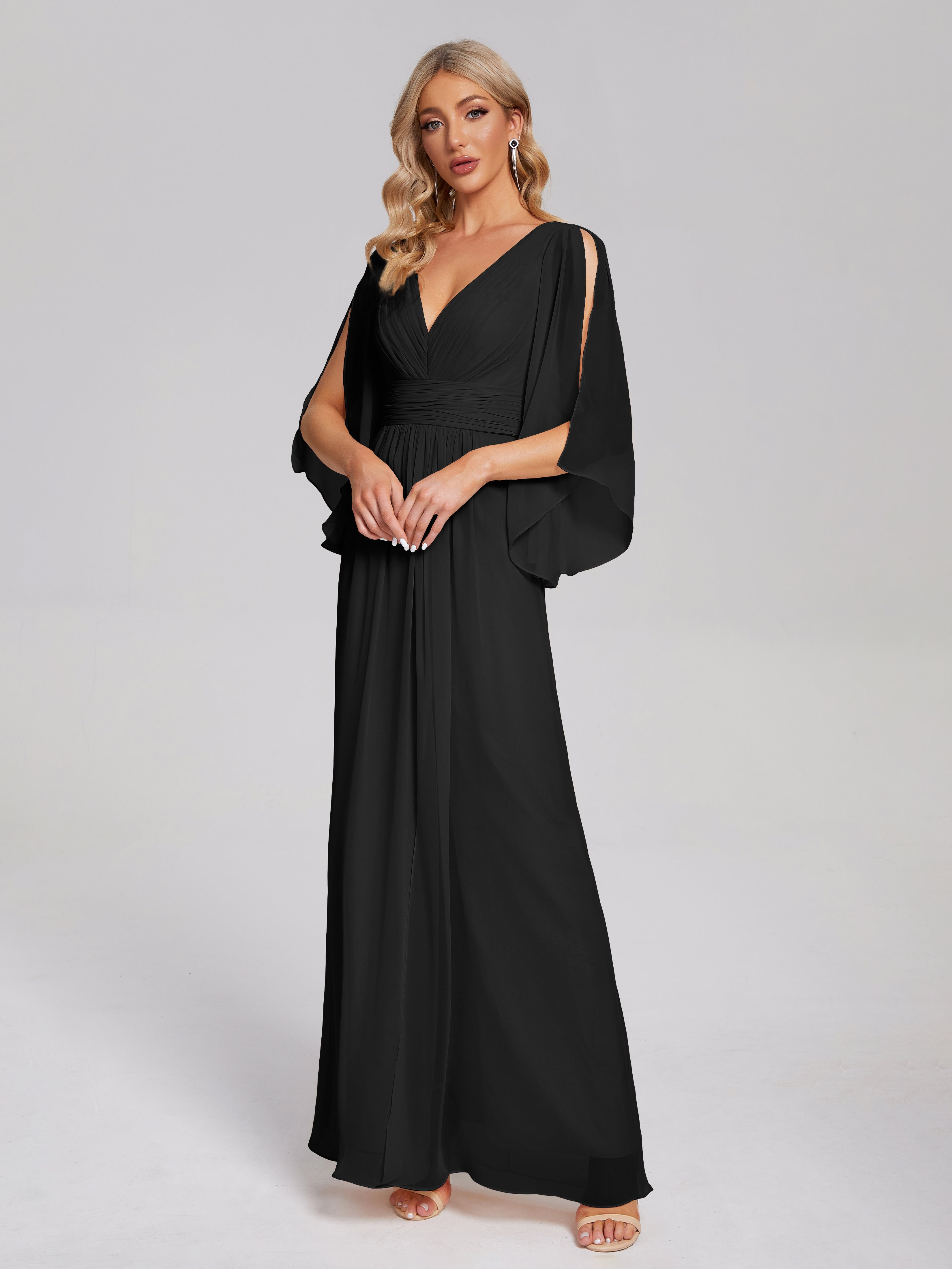 Demoiselle D Honneur En Noir Demi Manches Col V Fendue Mousseline Robes Demoiselle D'Honneur