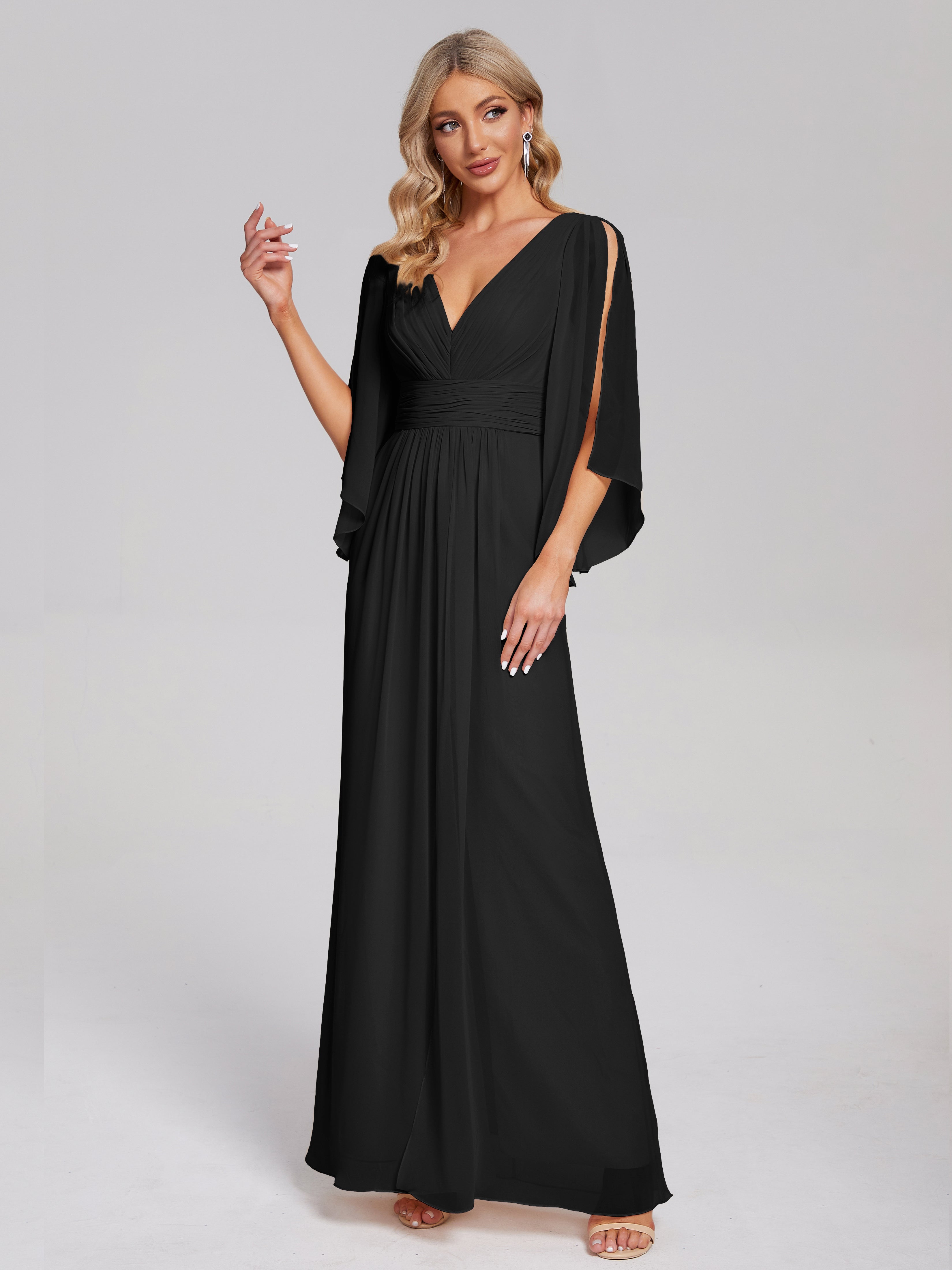 Demoiselle D Honneur En Noir Demi Manches Col V Fendue Mousseline Robes Demoiselle D'Honneur