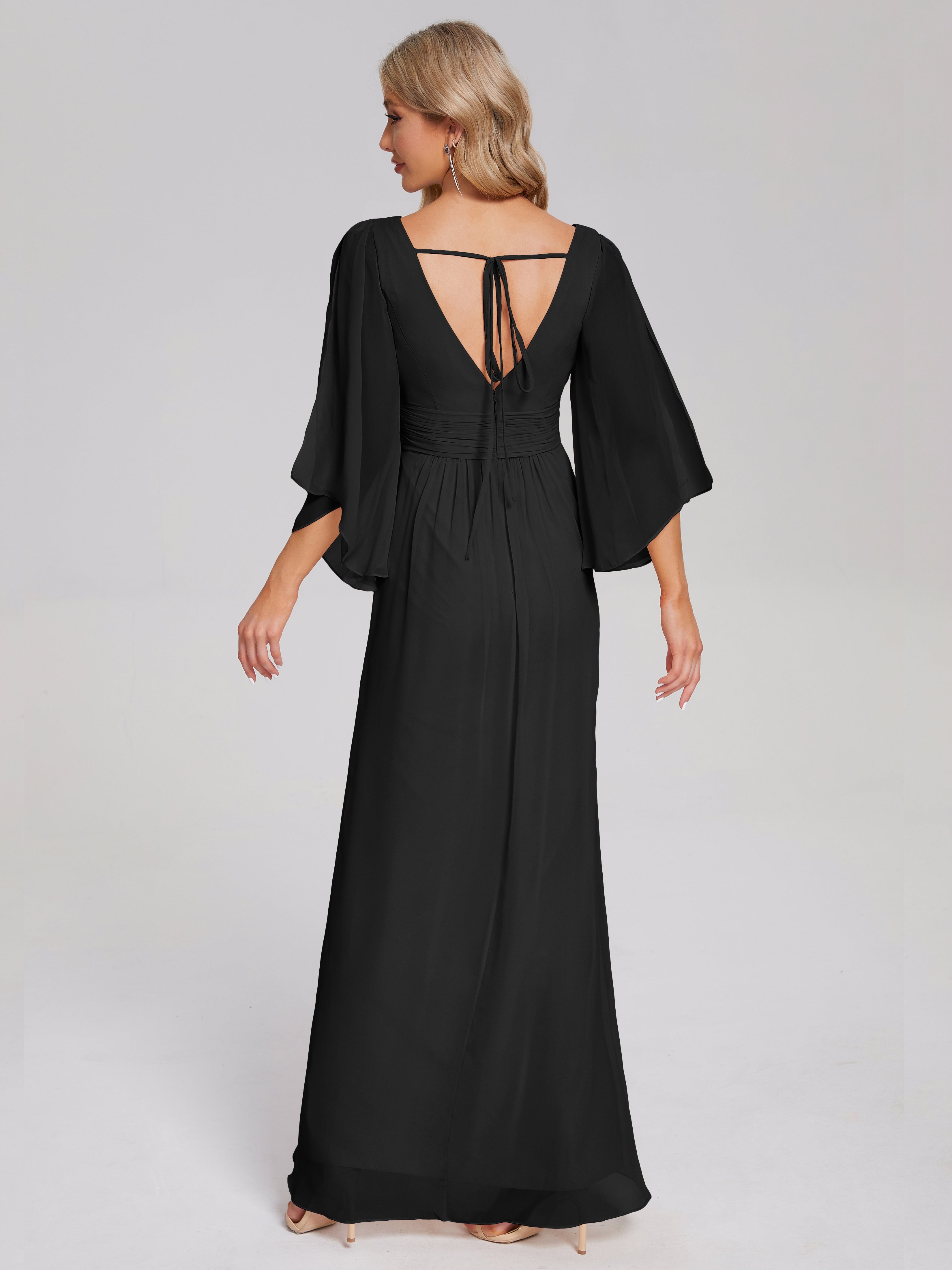 Demoiselle D Honneur En Noir Demi Manches Col V Fendue Mousseline Robes Demoiselle D'Honneur