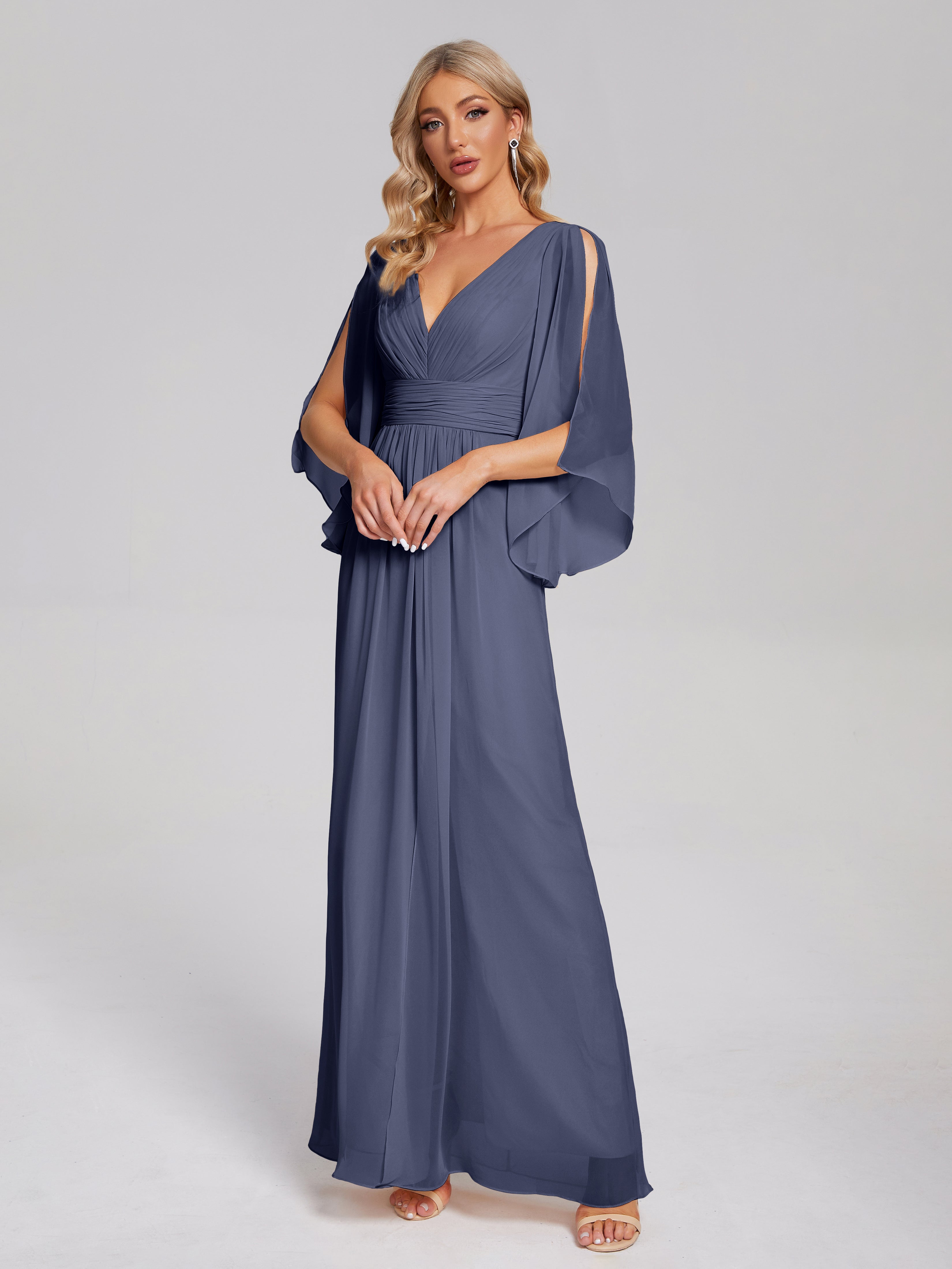 Robes De Demoiselle D'Honneur Bleu Orageux Demi Manches Col V Fendue Mousseline Robes Demoiselle D'Honneur