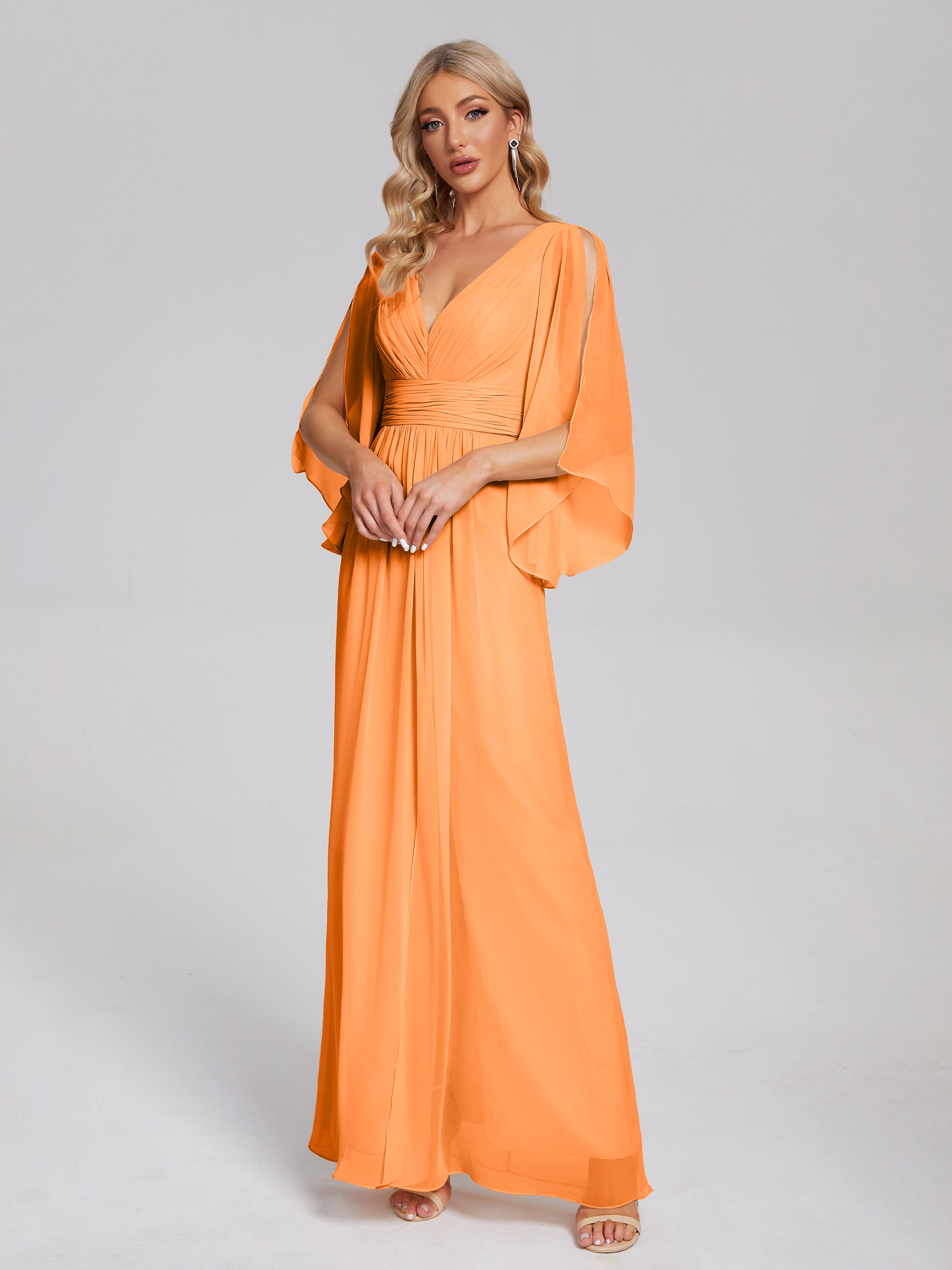 Robe De Demoiselle D Honneur Orange Demi Manches Col V Fendue Mousseline Robes Demoiselle D'Honneur