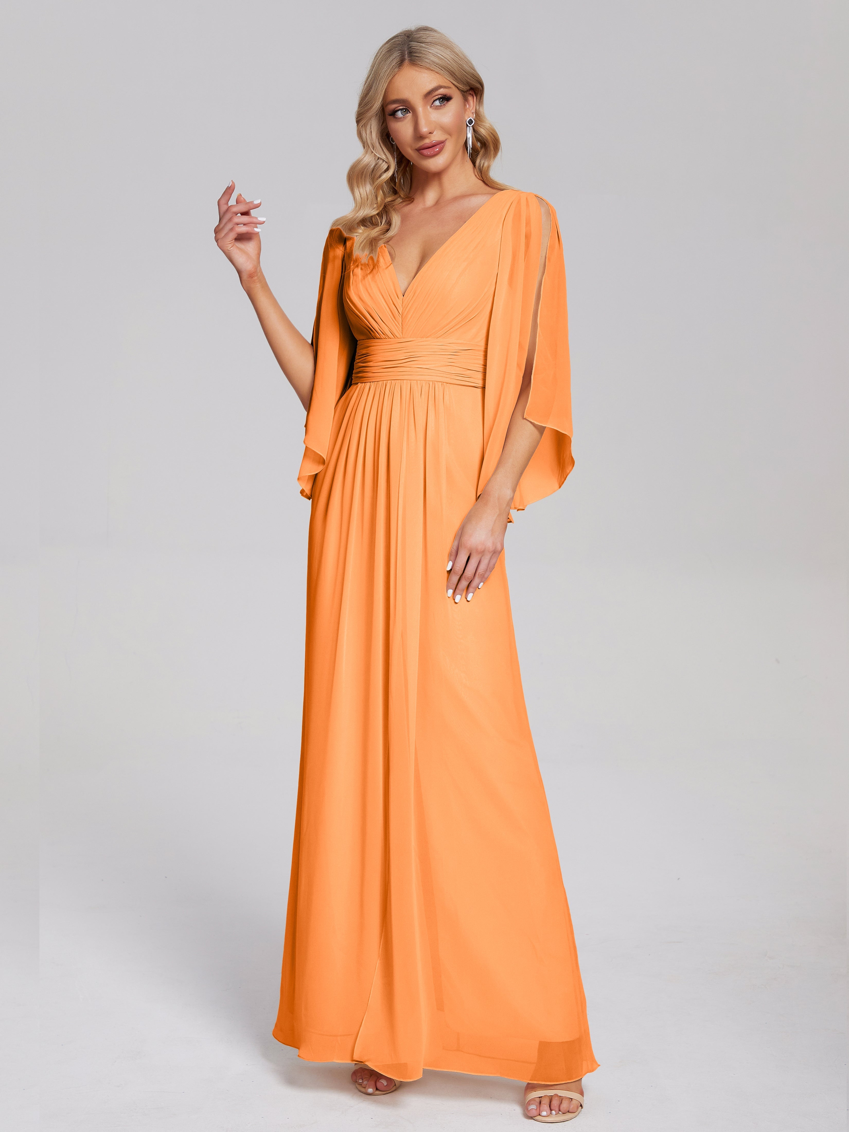 Robe De Demoiselle D Honneur Orange Demi Manches Col V Fendue Mousseline Robes Demoiselle D'Honneur