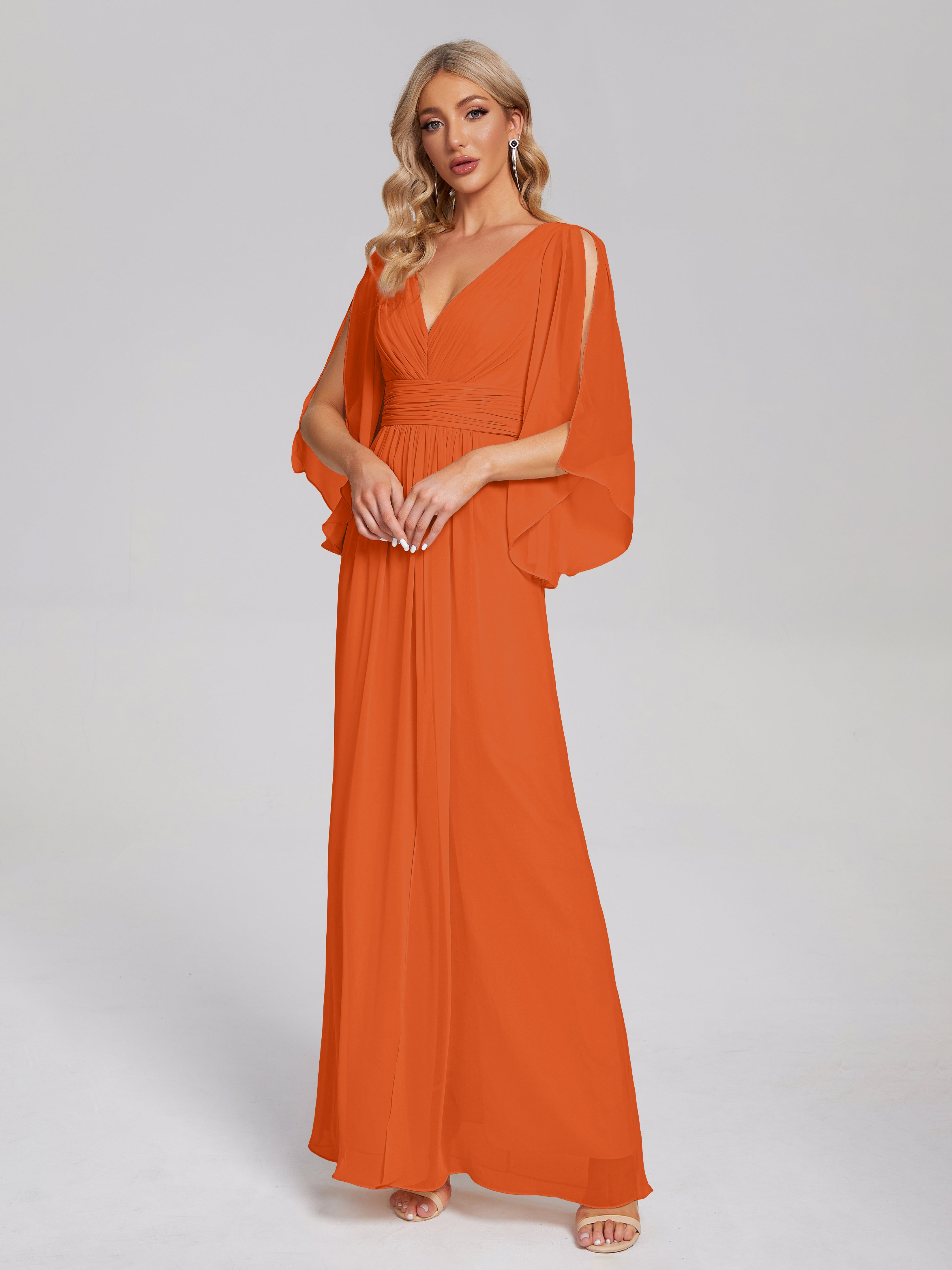 Robes De Demoiselle D'Honneur Orange Brûlé Demi Manches Col V Fendue Mousseline Robes Demoiselle D'Honneur