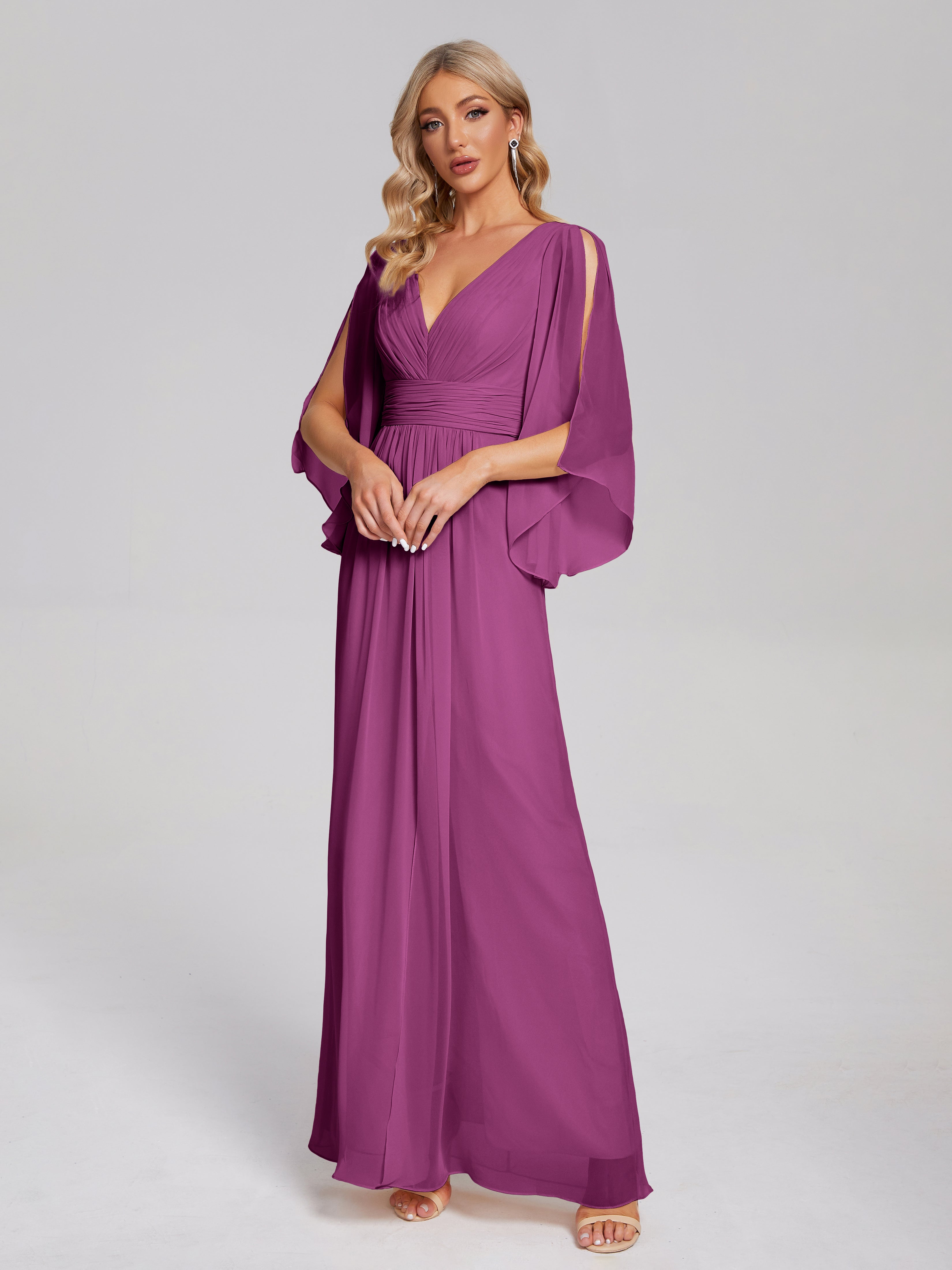 Robes De Demoiselle D'Honneur Orchidée Demi Manches Col V Fendue Mousseline Robes Demoiselle D'Honneur