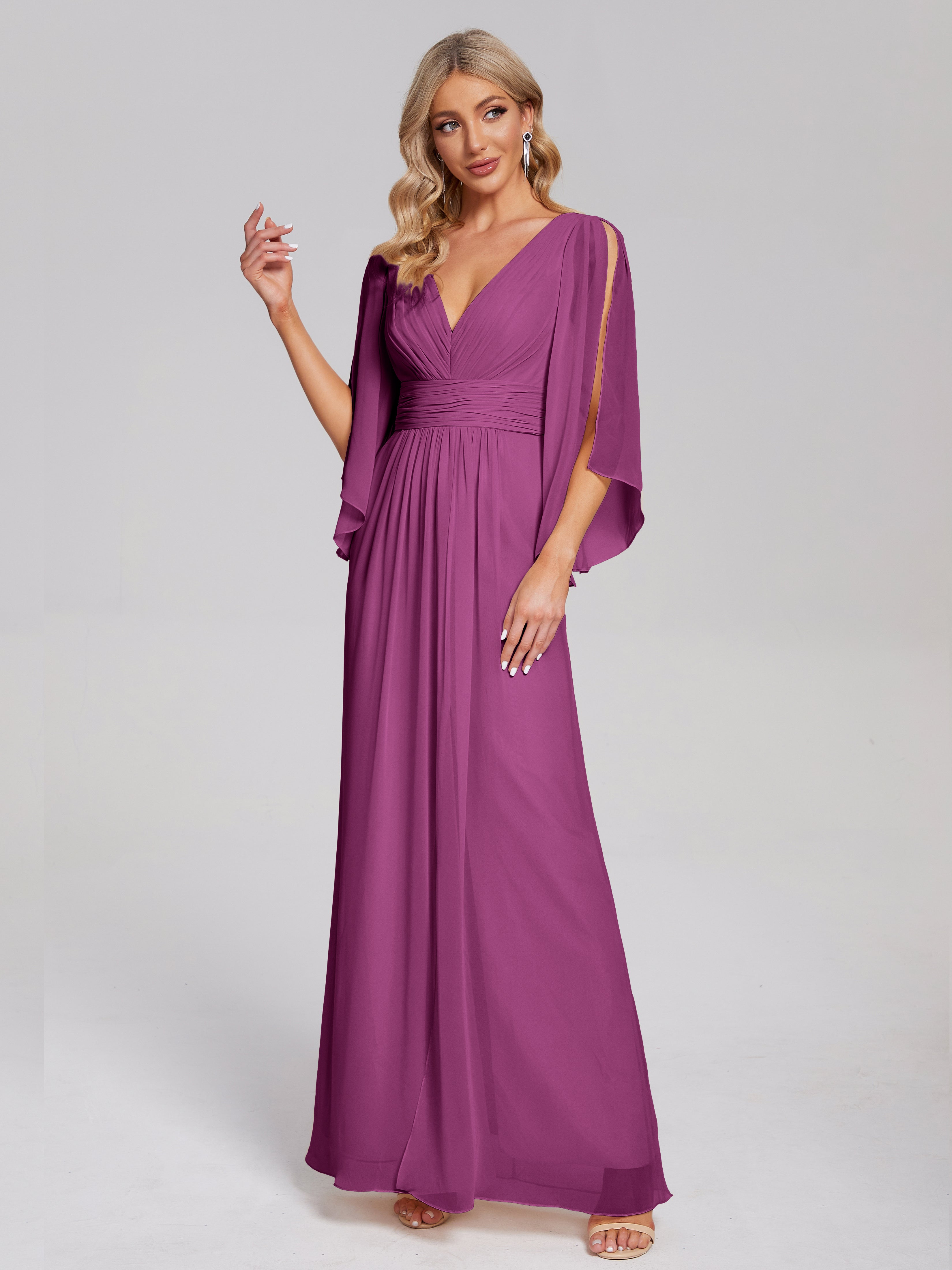 Robes De Demoiselle D'Honneur Orchidée Demi Manches Col V Fendue Mousseline Robes Demoiselle D'Honneur