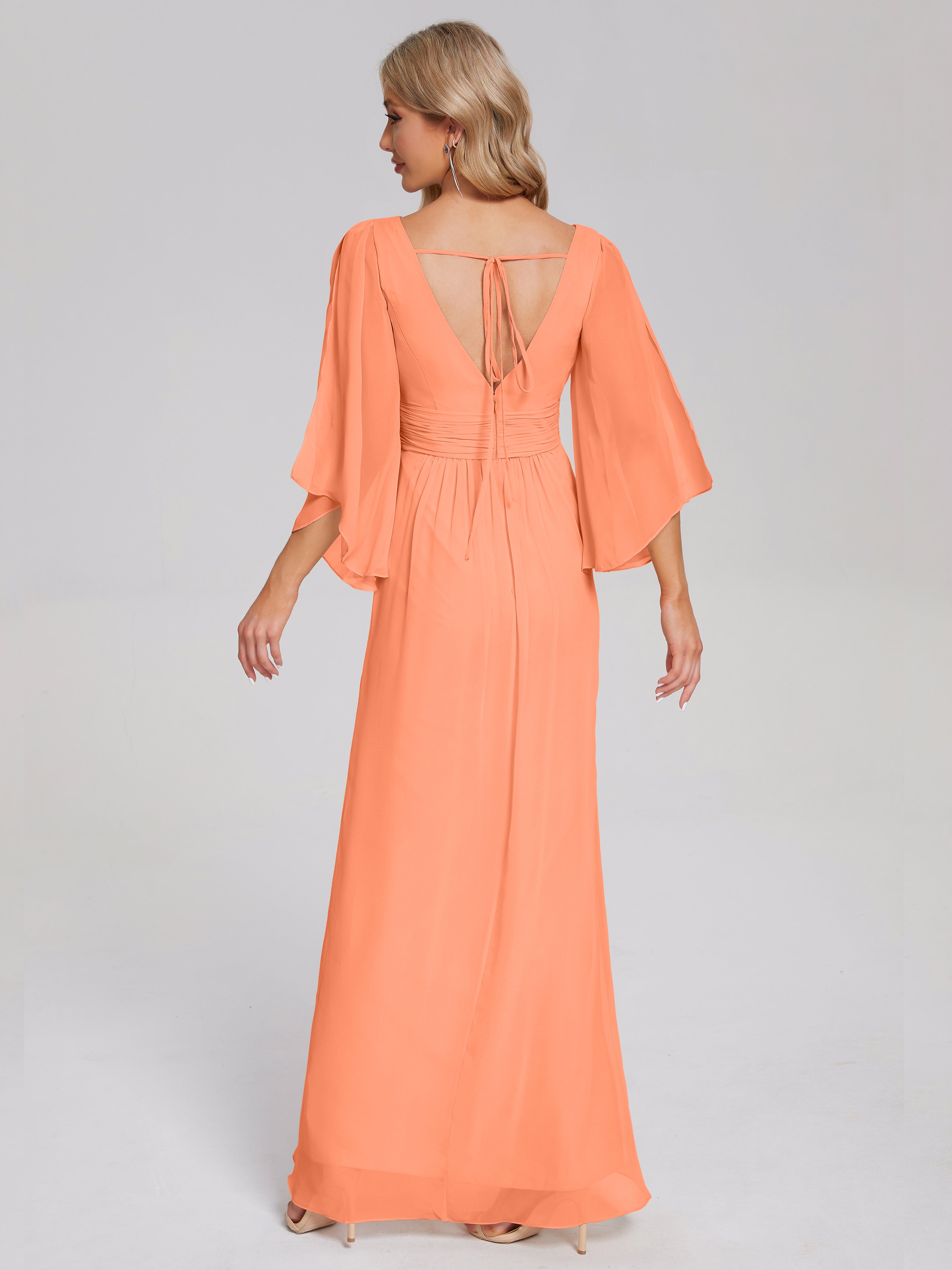 Robes De Demoiselle D'Honneur Papaye Demi Manches Col V Fendue Mousseline Robes Demoiselle D'Honneur