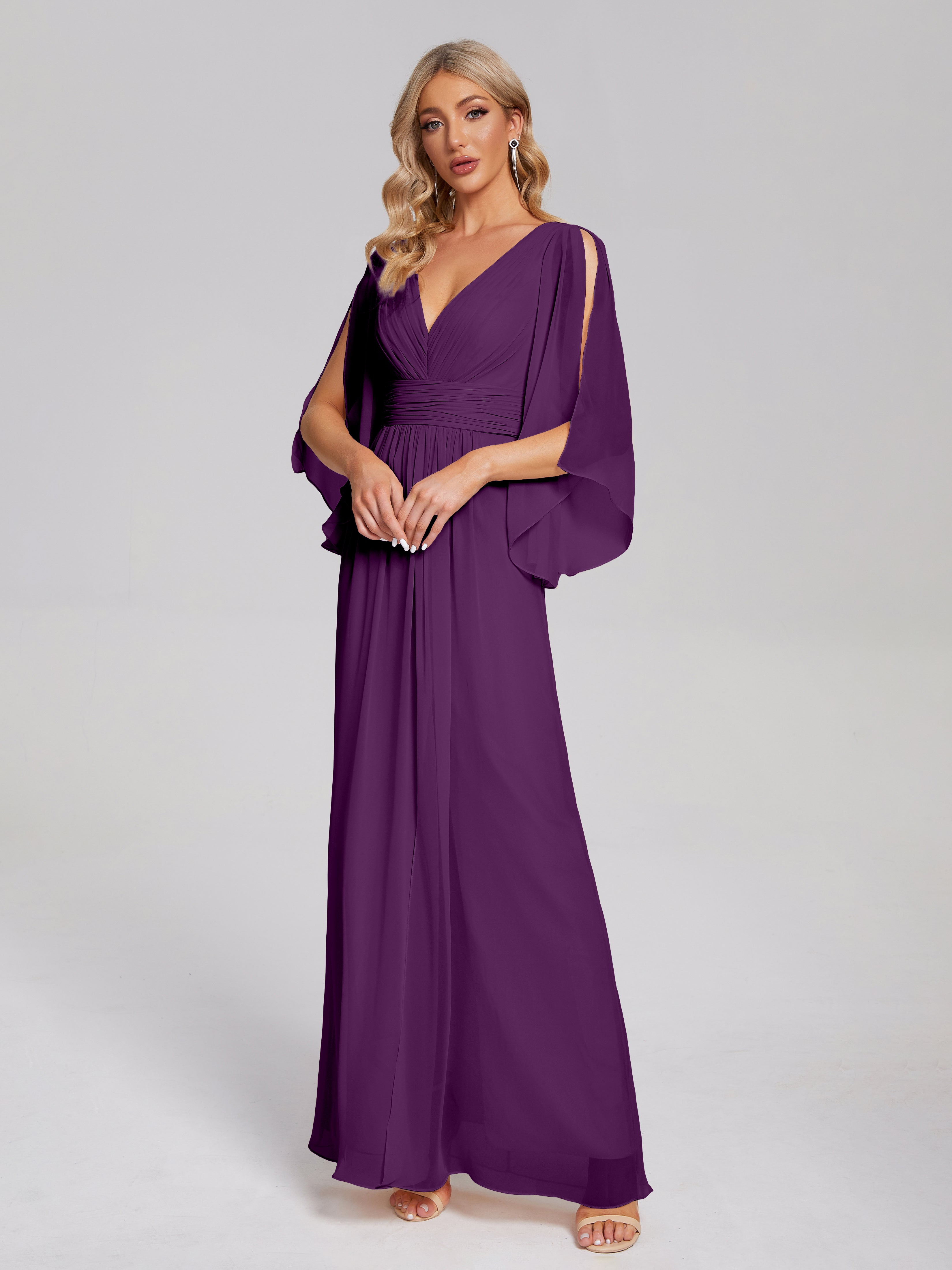 Robes De Demoiselle D'Honneur En Raisin Demi Manches Col V Fendue Mousseline Robes Demoiselle D'Honneur