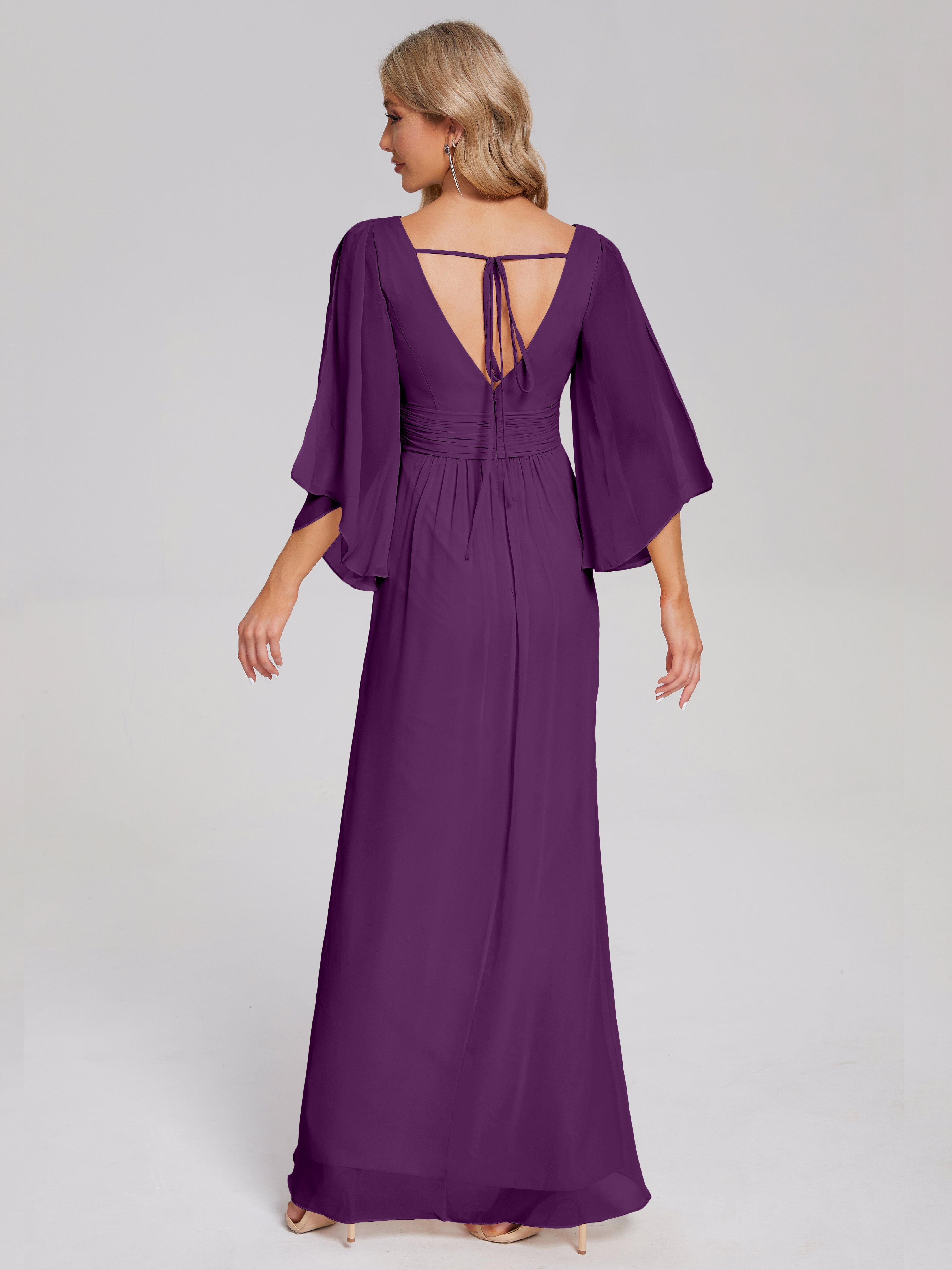Robes De Demoiselle D'Honneur En Raisin Demi Manches Col V Fendue Mousseline Robes Demoiselle D'Honneur