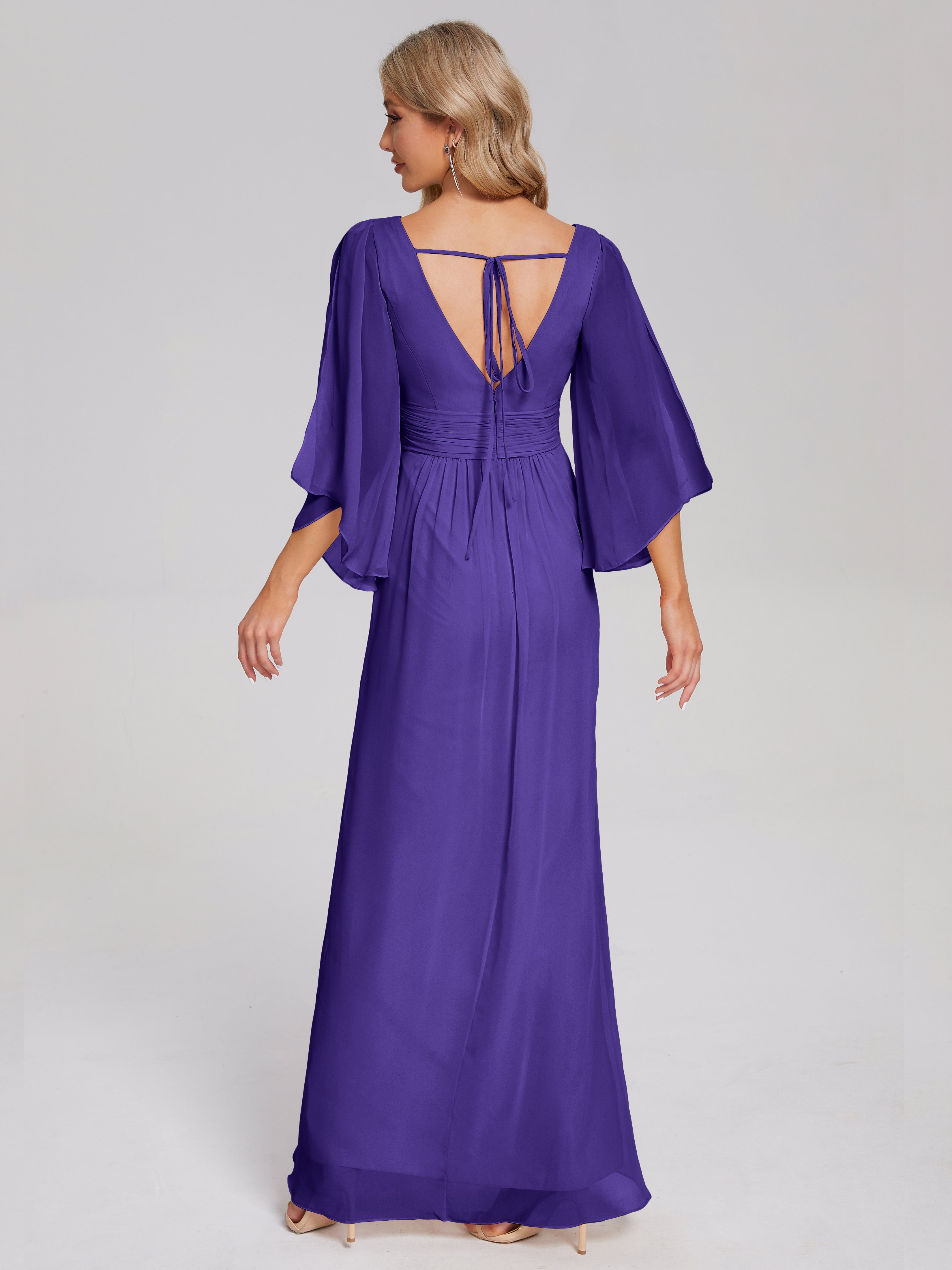 Robes De Demoiselle D'Honneur En Régence Demi Manches Col V Fendue Mousseline Robes Demoiselle D'Honneur