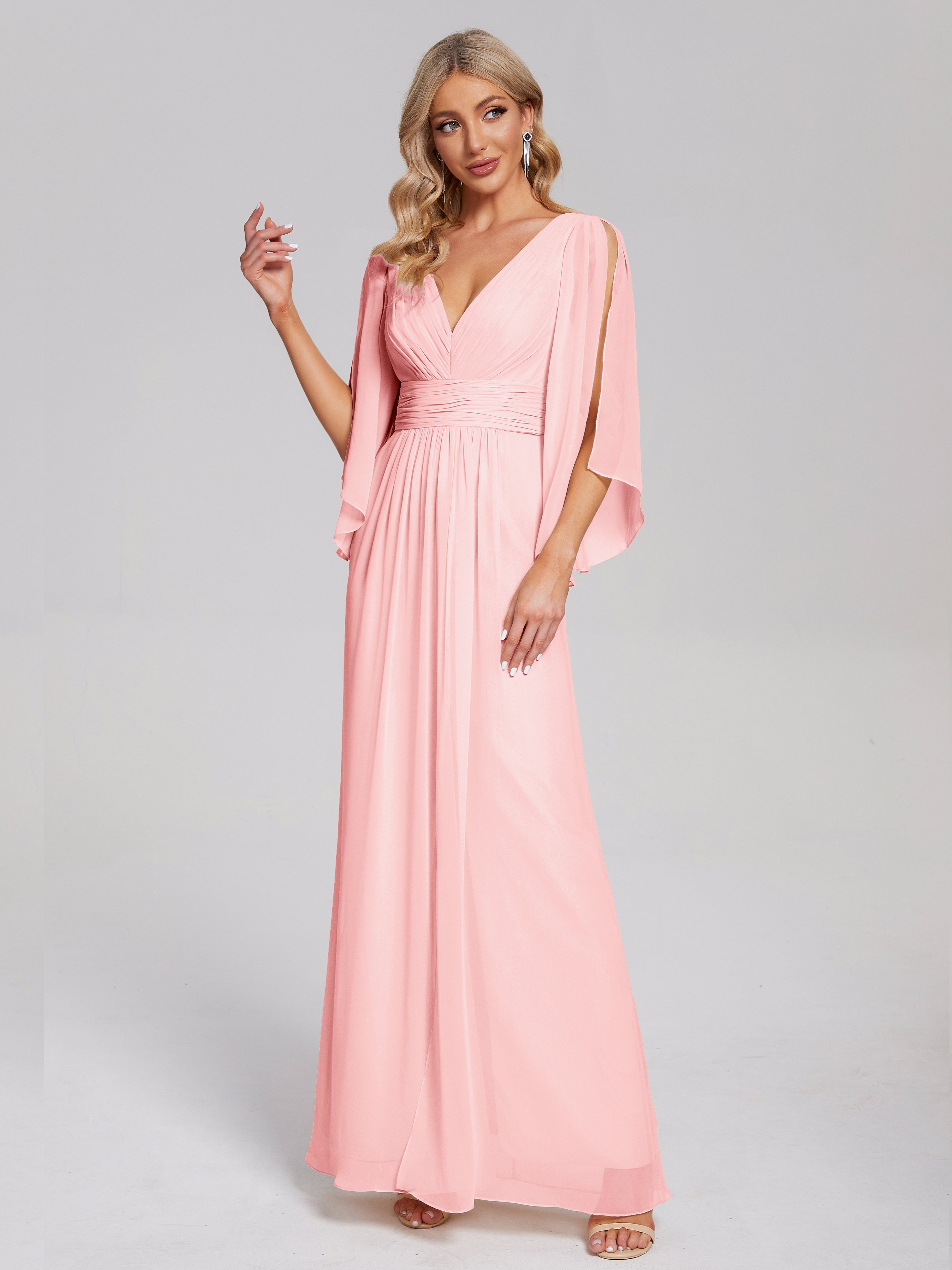 Robes De Demoiselle D'Honneur Rose Mauve Demi Manches Col V Fendue Mousseline Robes Demoiselle D'Honneur