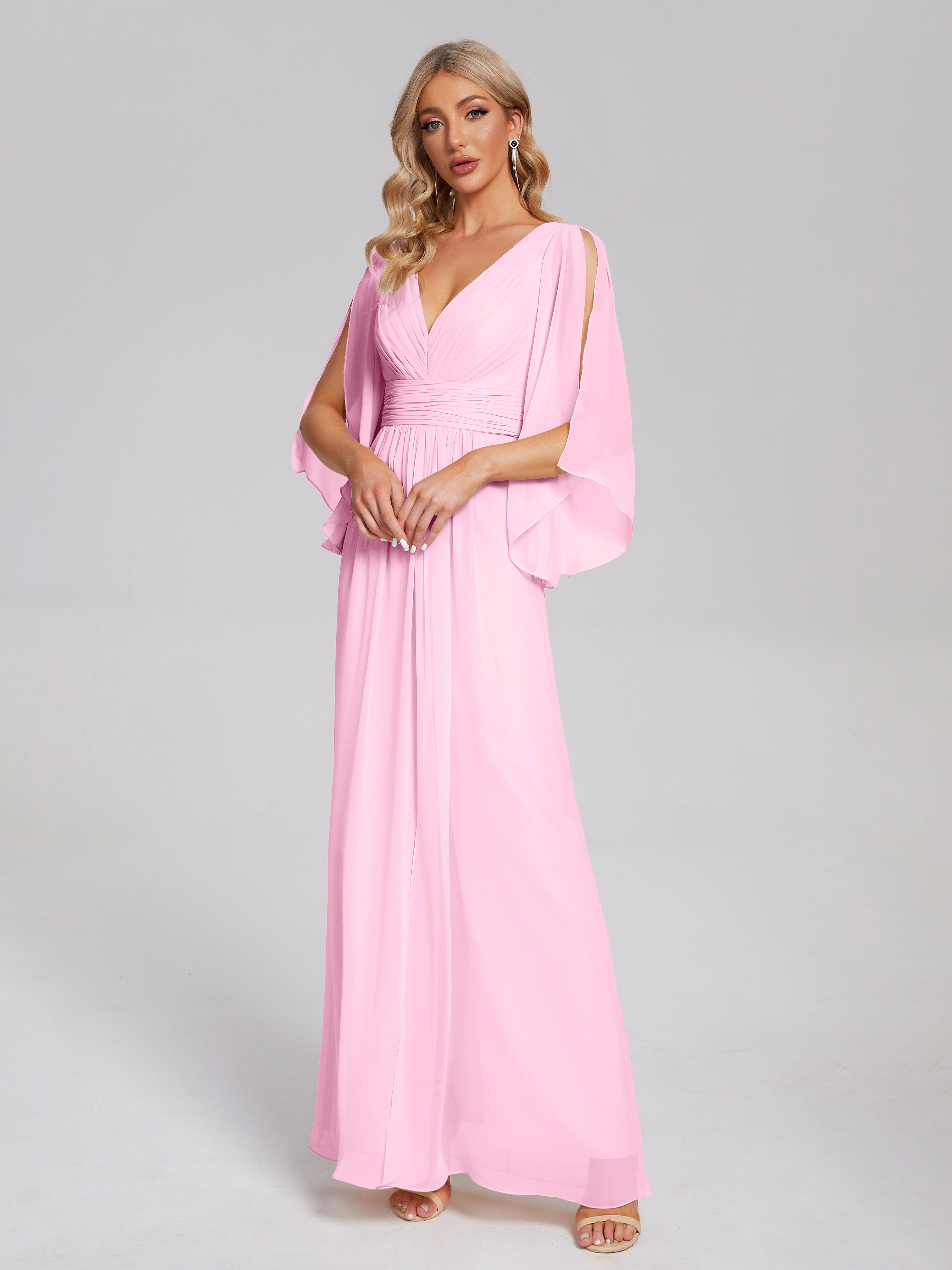 Robes De Demoiselle D'Honneur Rose Bonbon Demi Manches Col V Fendue Mousseline Robes Demoiselle D'Honneur