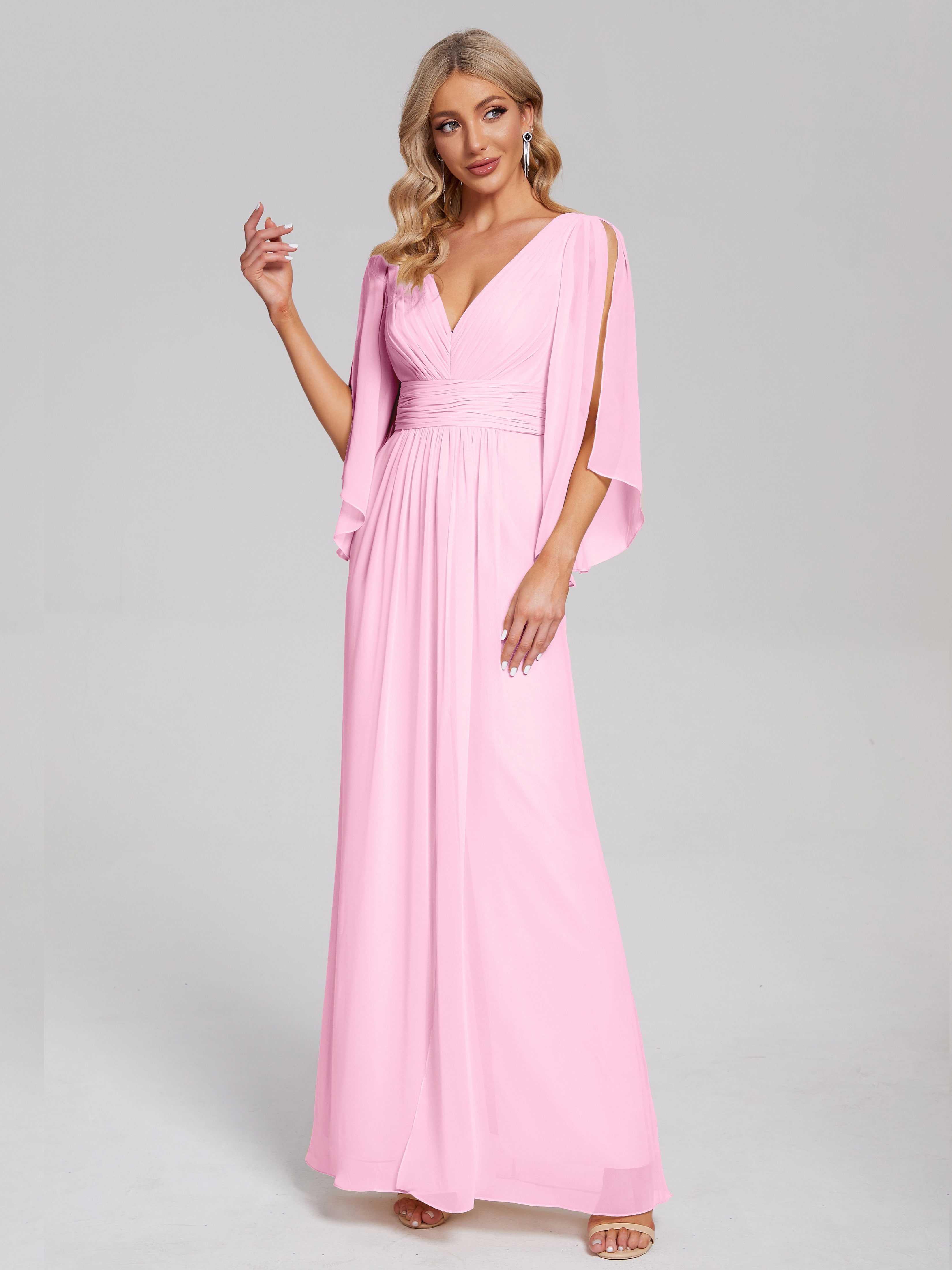 Robes De Demoiselle D'Honneur Rose Bonbon Demi Manches Col V Fendue Mousseline Robes Demoiselle D'Honneur