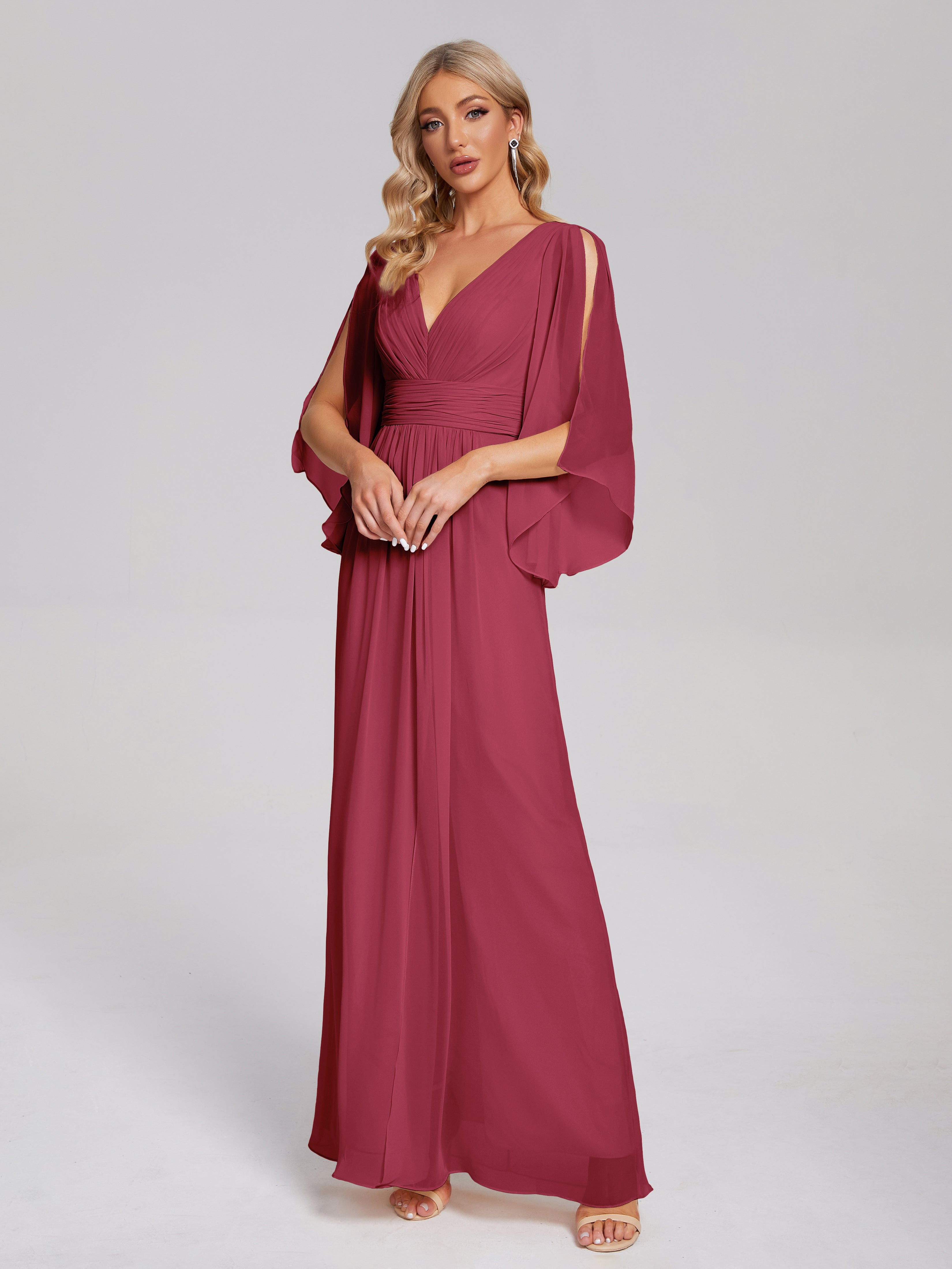 Couleur Rose Cannelle Demi Manches Col V Fendue Mousseline Robes Demoiselle D'Honneur