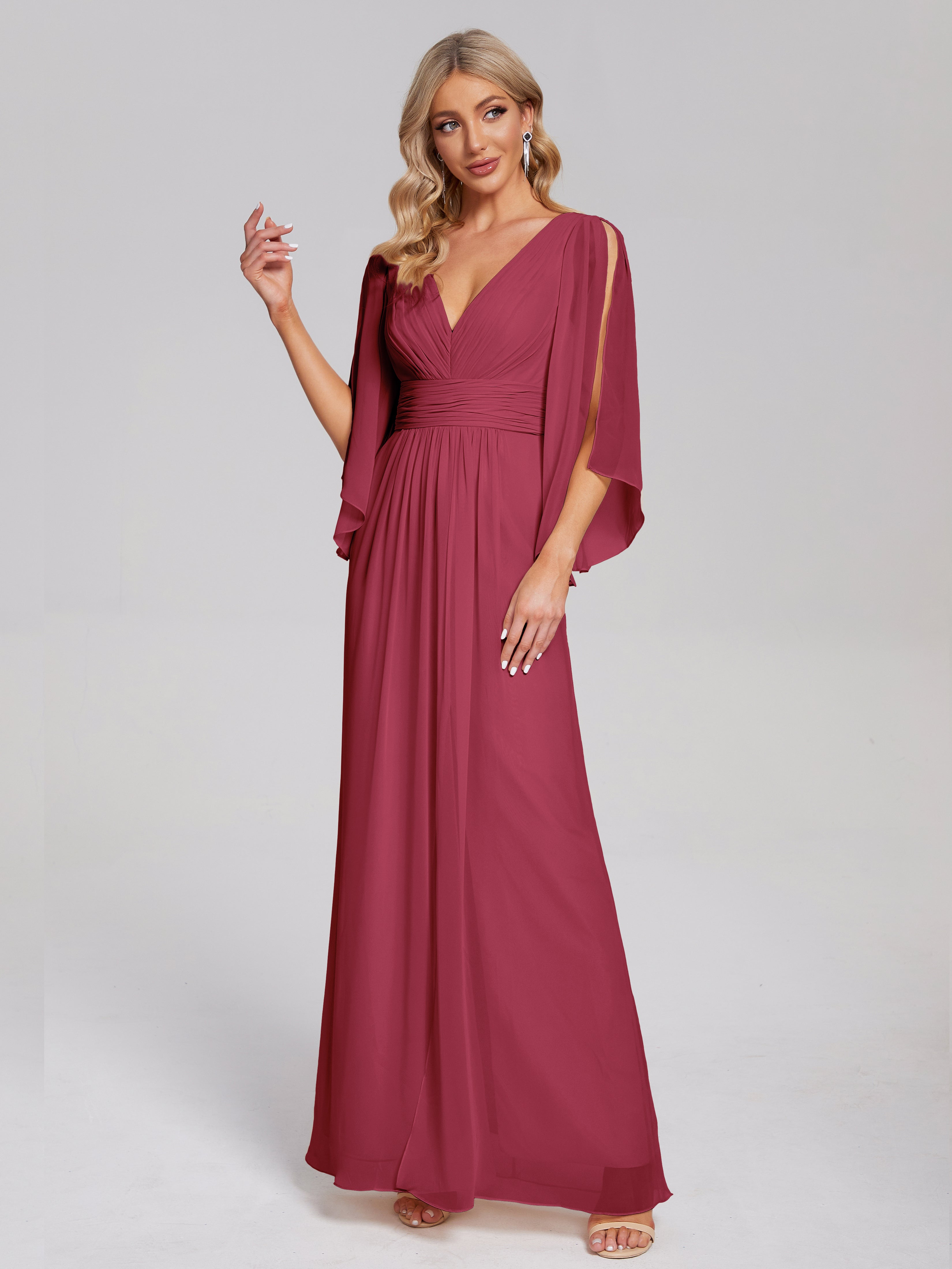 Couleur Rose Cannelle Demi Manches Col V Fendue Mousseline Robes Demoiselle D'Honneur