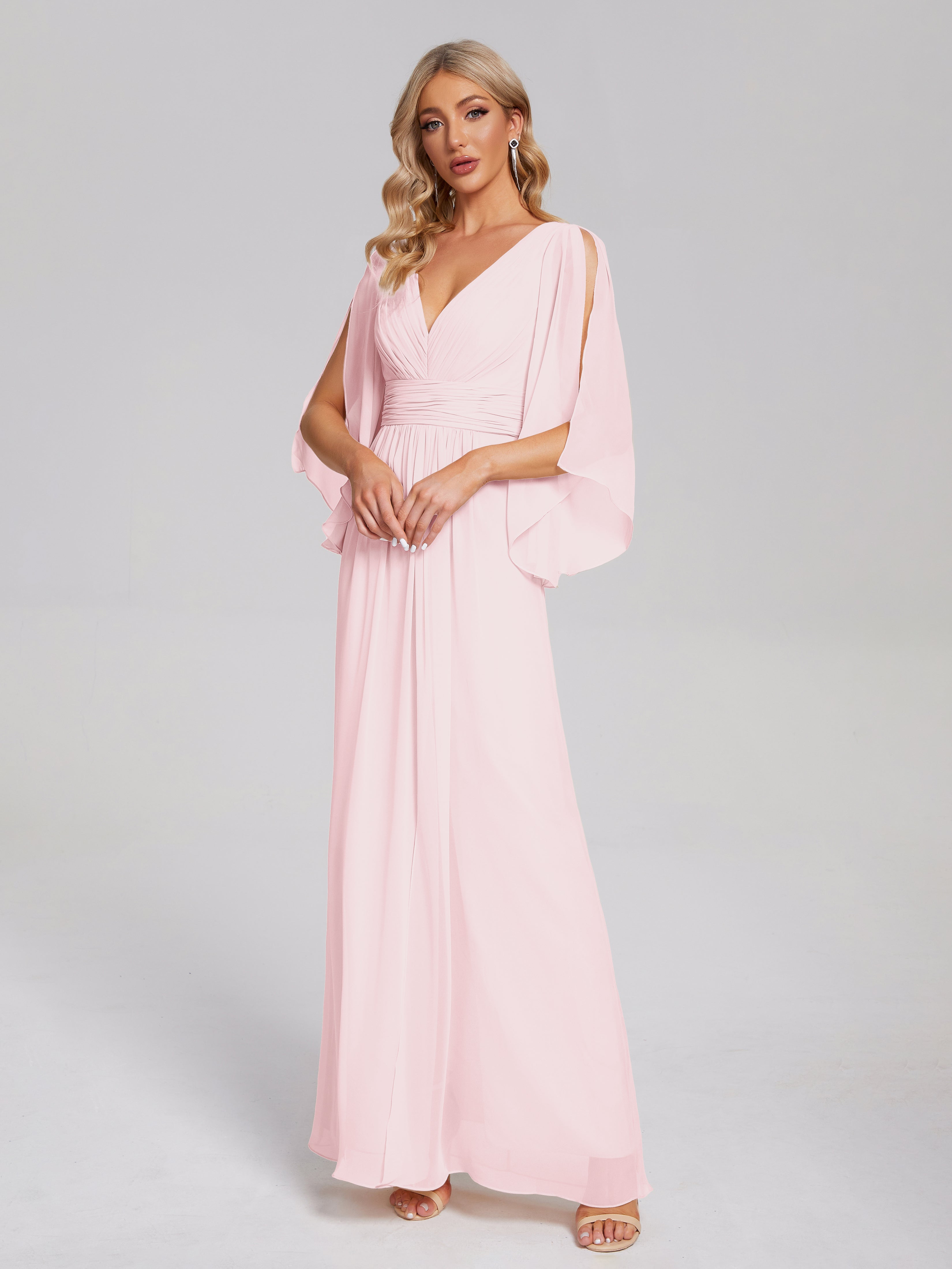 Robe Demoiselle Honneur Rose Pale Demi Manches Col V Fendue Mousseline Robes Demoiselle D'Honneur