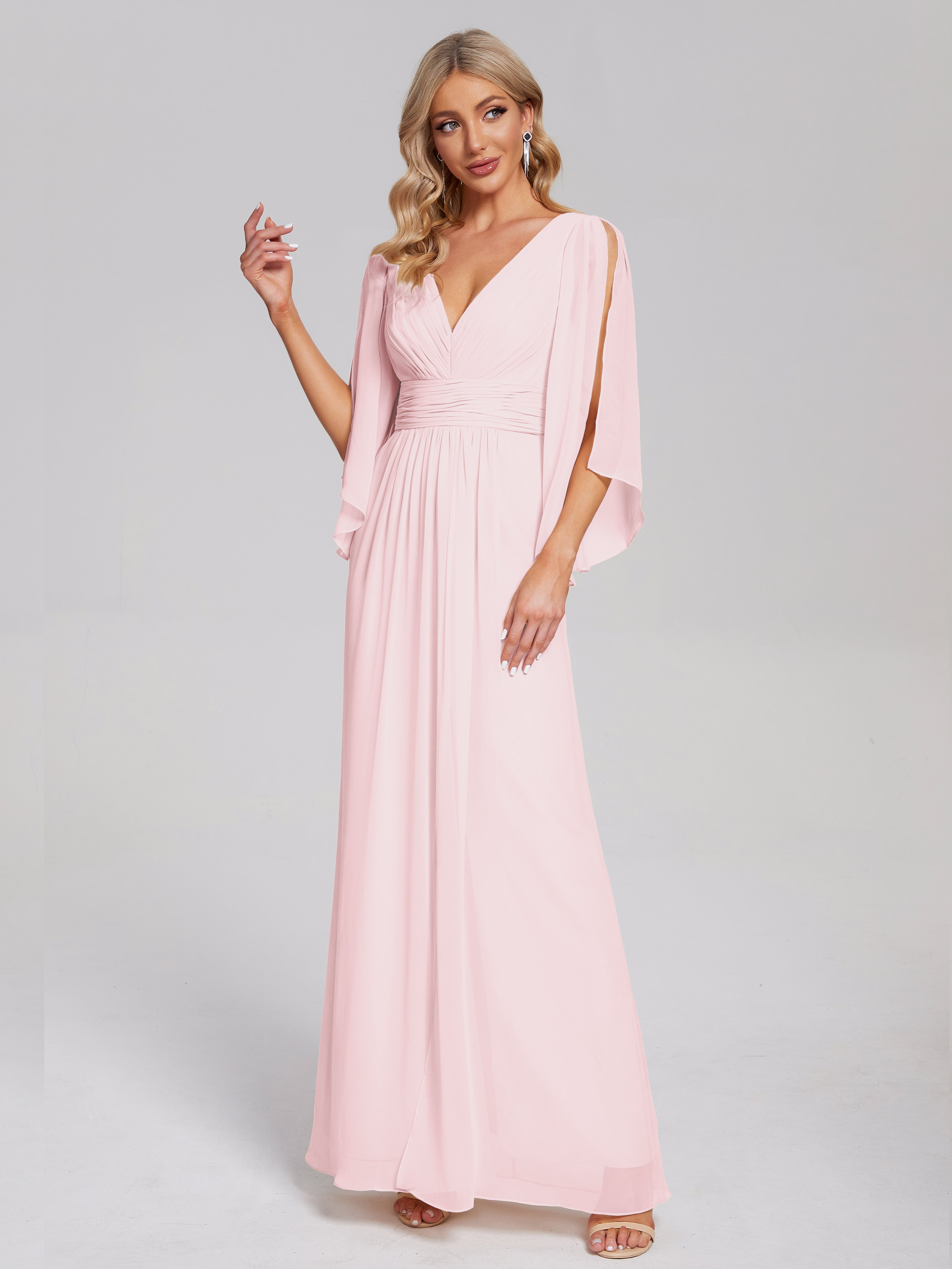 Robe Demoiselle Honneur Rose Pale Demi Manches Col V Fendue Mousseline Robes Demoiselle D'Honneur
