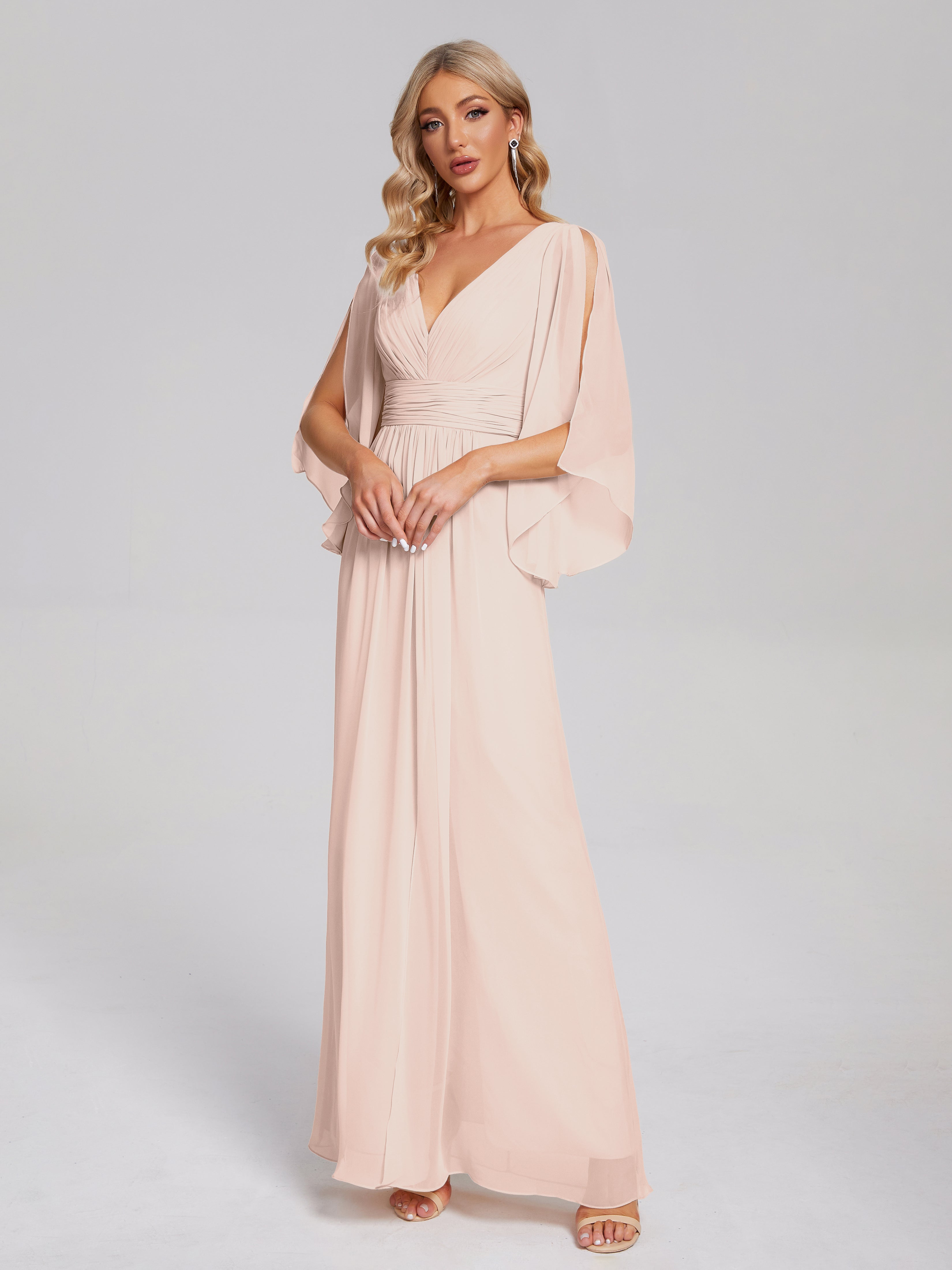 Robe De Demoiselle D'Honneur En Perles Demi Manches Col V Fendue Mousseline Robes Demoiselle D'Honneur