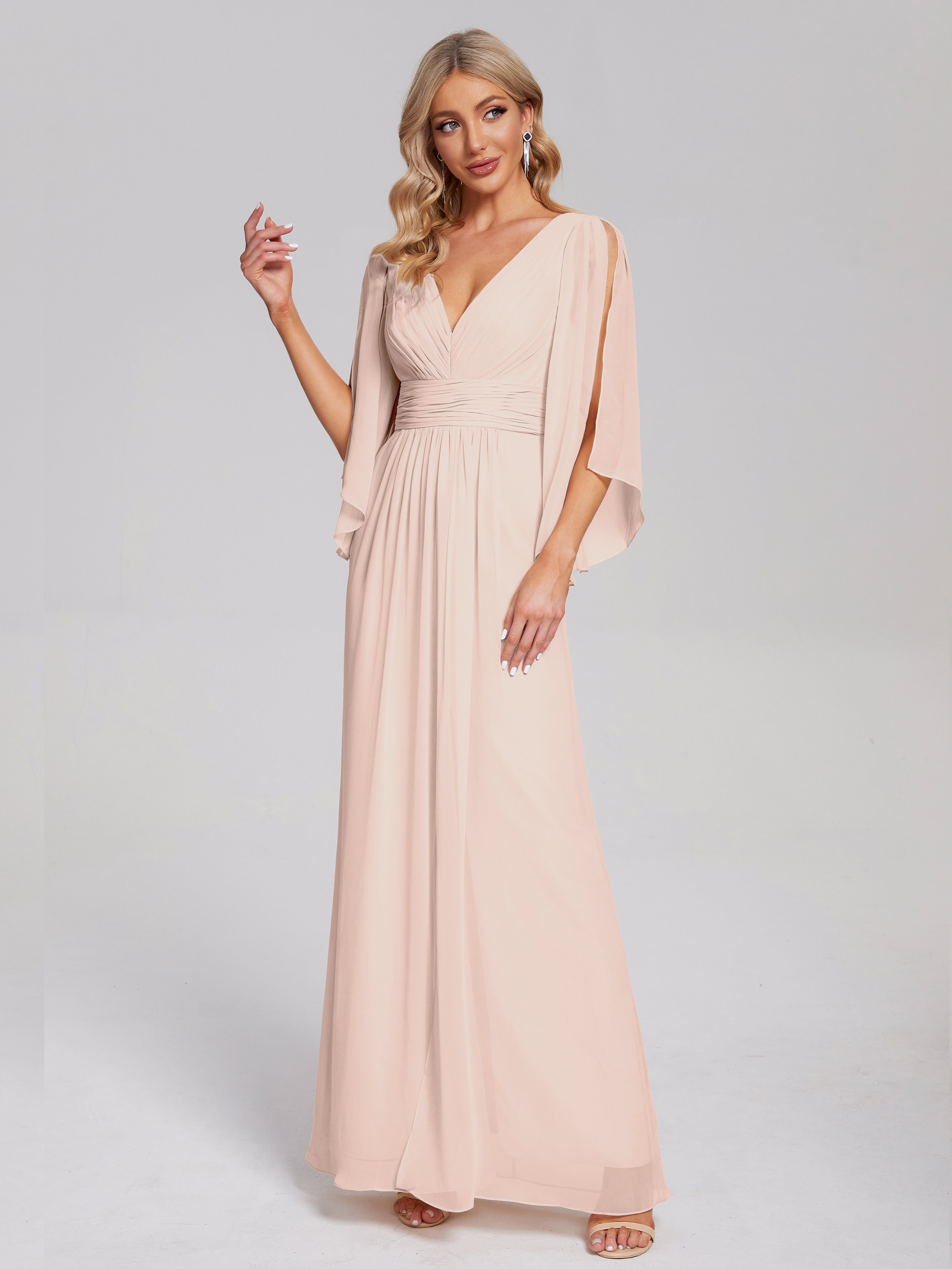 Robe De Demoiselle D'Honneur En Perles Demi Manches Col V Fendue Mousseline Robes Demoiselle D'Honneur