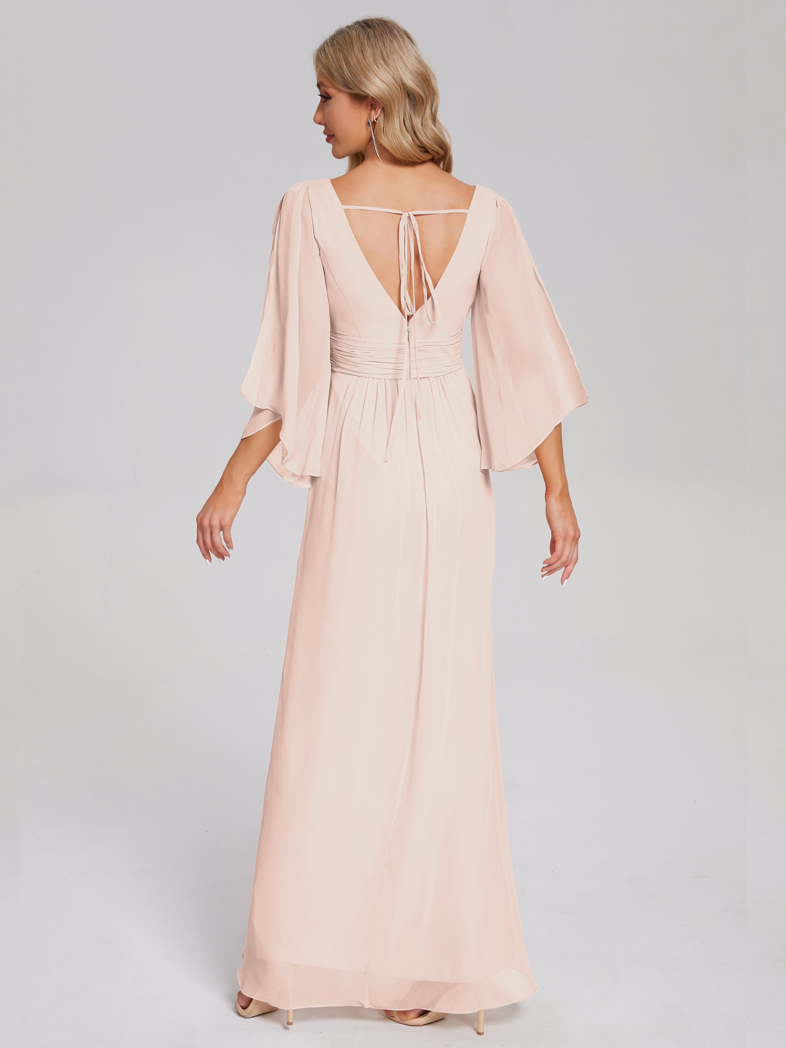Robe De Demoiselle D'Honneur En Perles Demi Manches Col V Fendue Mousseline Robes Demoiselle D'Honneur