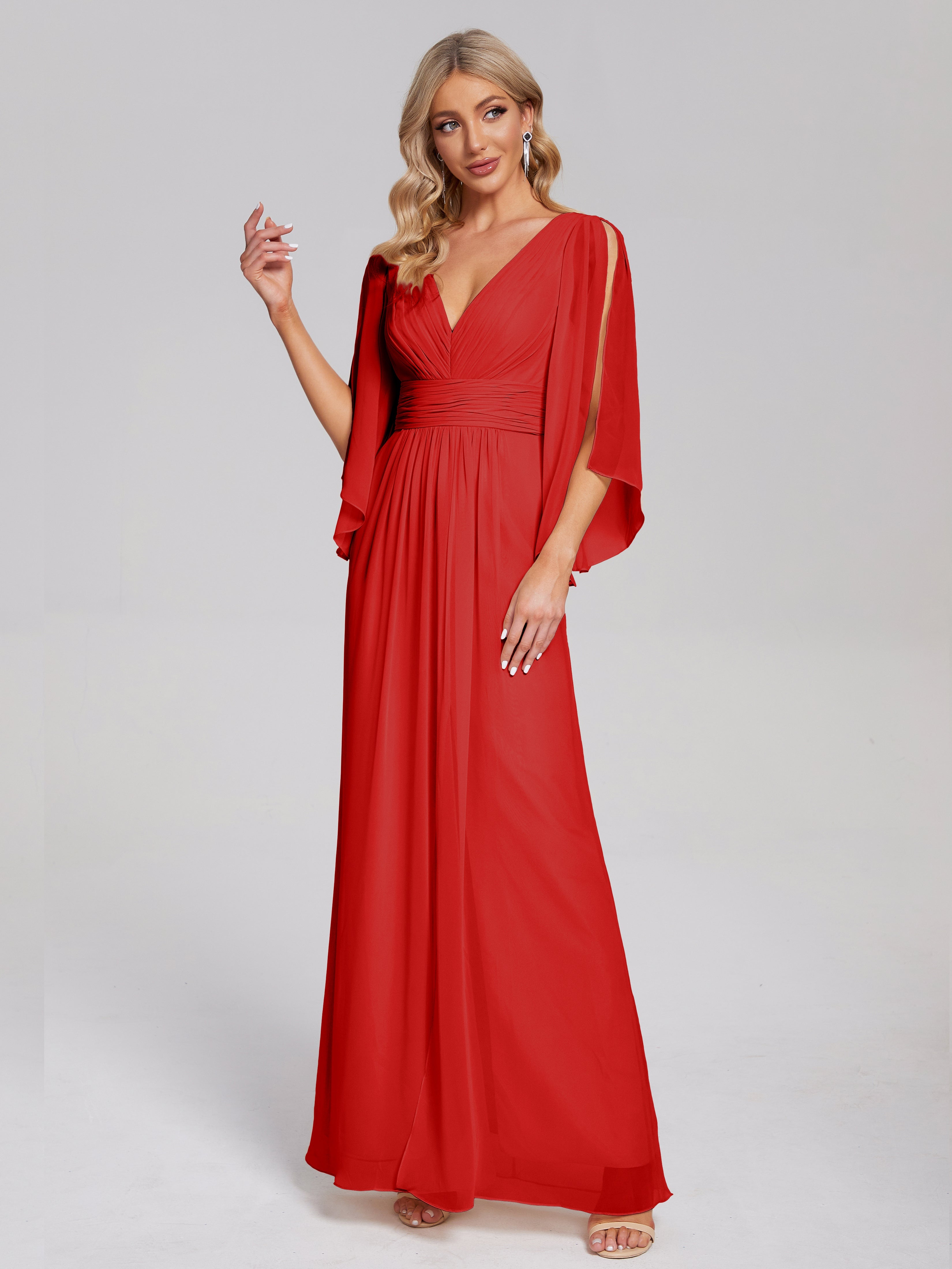 Demoiselle D Honneur Robe Rouge Demi Manches Col V Fendue Mousseline Robes Demoiselle D'Honneur