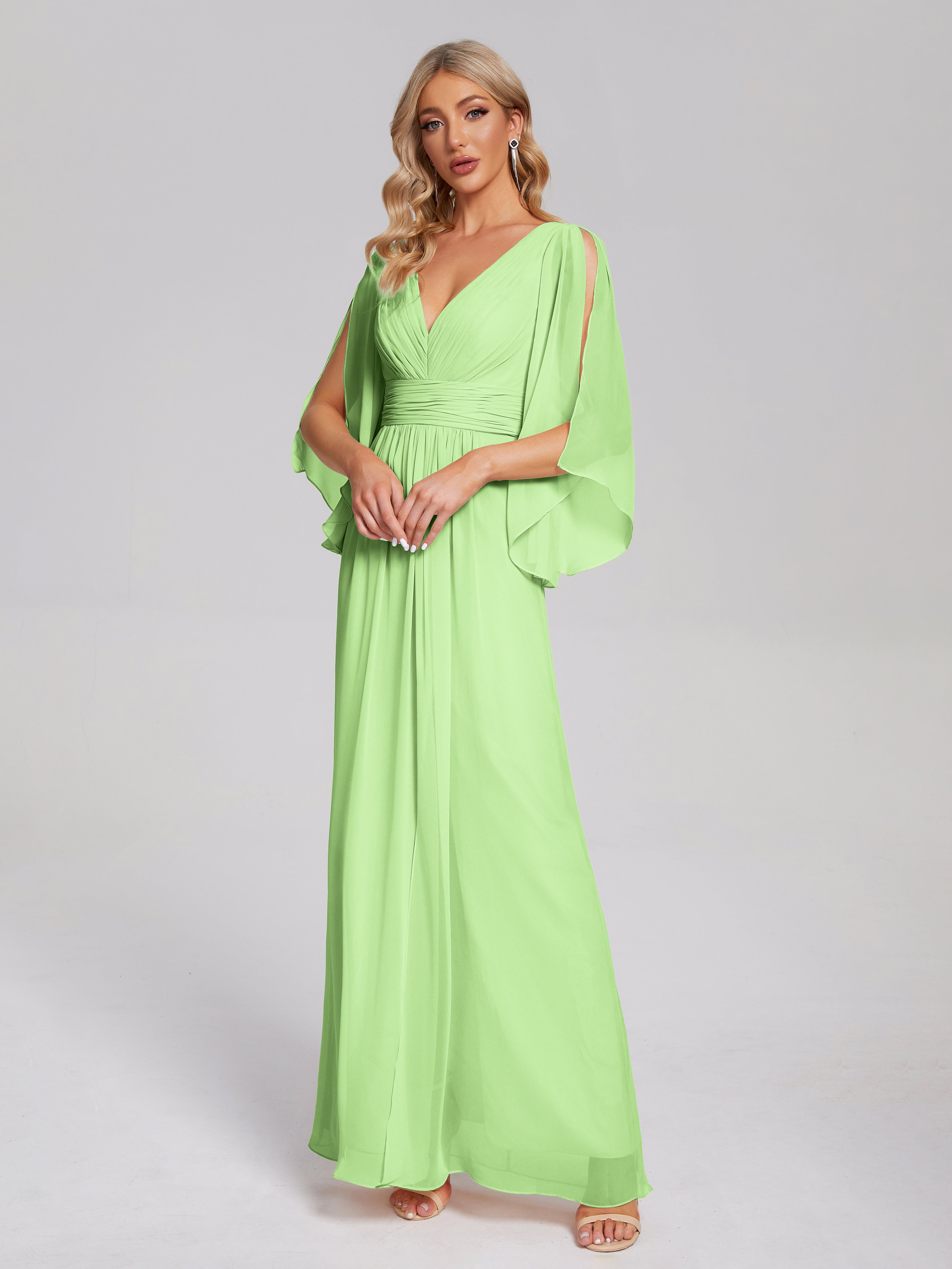 Robe Demoiselle Vert Sauge Demi Manches Col V Fendue Mousseline Robes Demoiselle D'Honneur