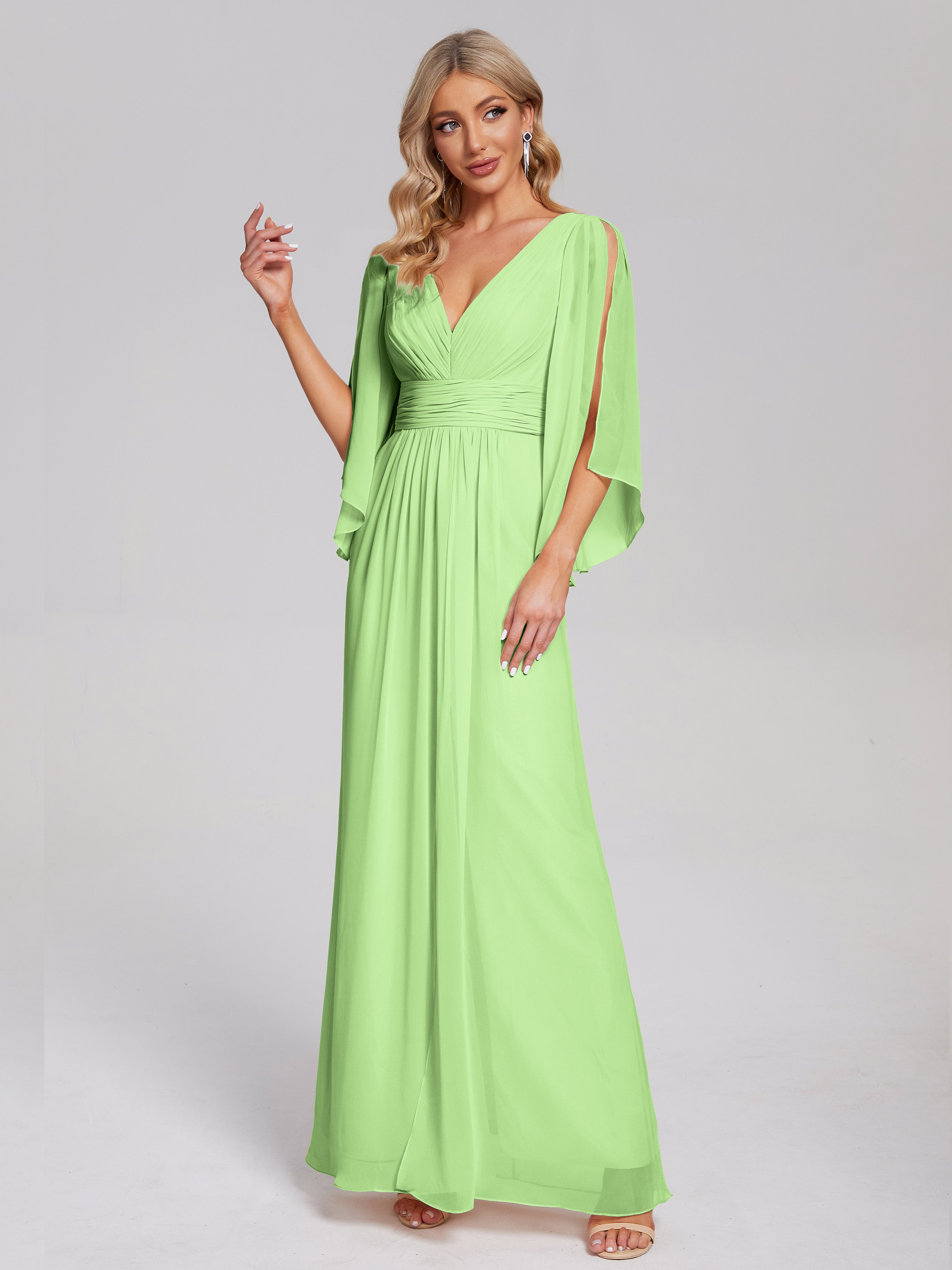 Robe Demoiselle Vert Sauge Demi Manches Col V Fendue Mousseline Robes Demoiselle D'Honneur