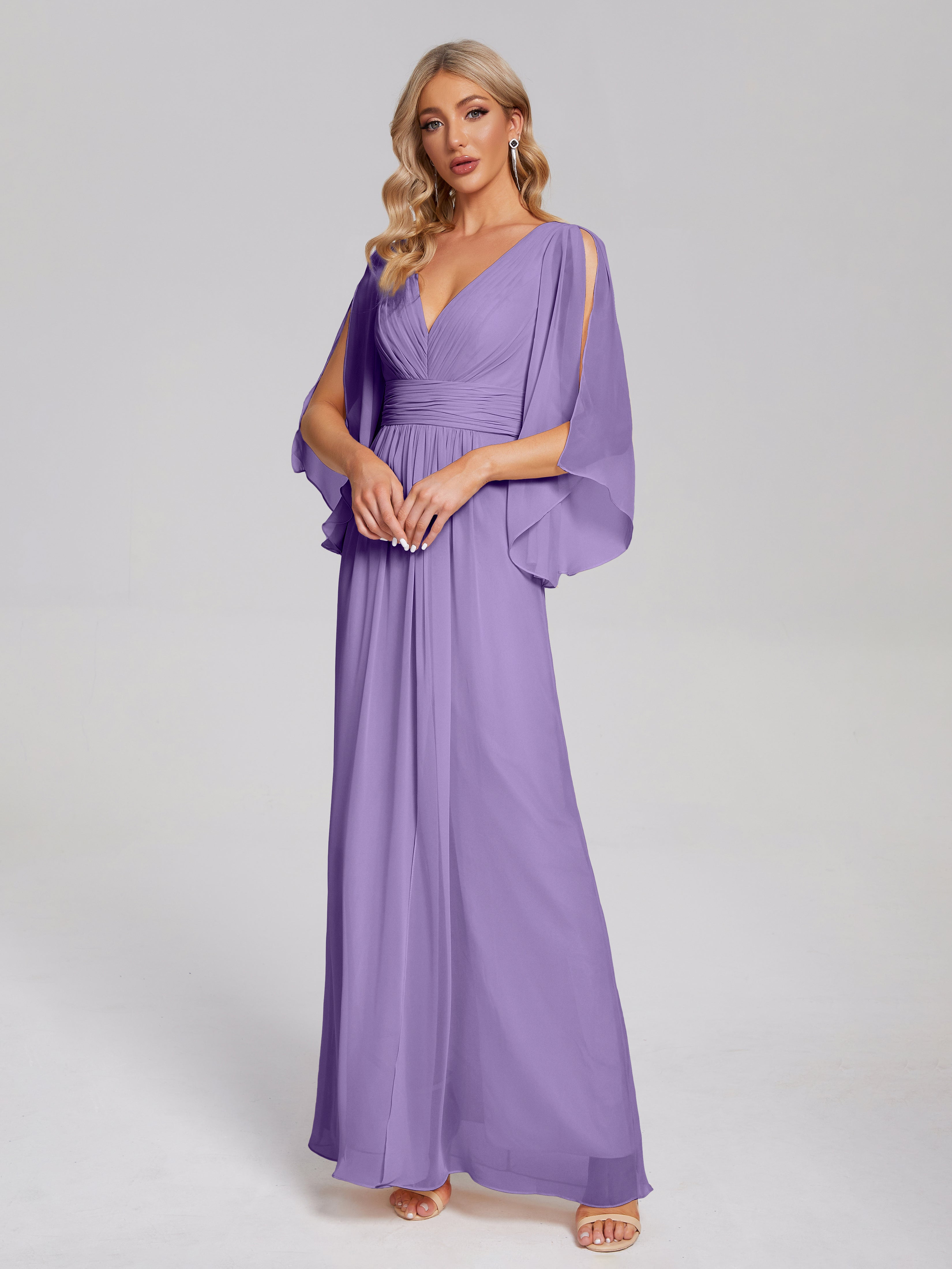 Robes De Demoiselle D'Honneur Tahiti Demi Manches Col V Fendue Mousseline Robes Demoiselle D'Honneur