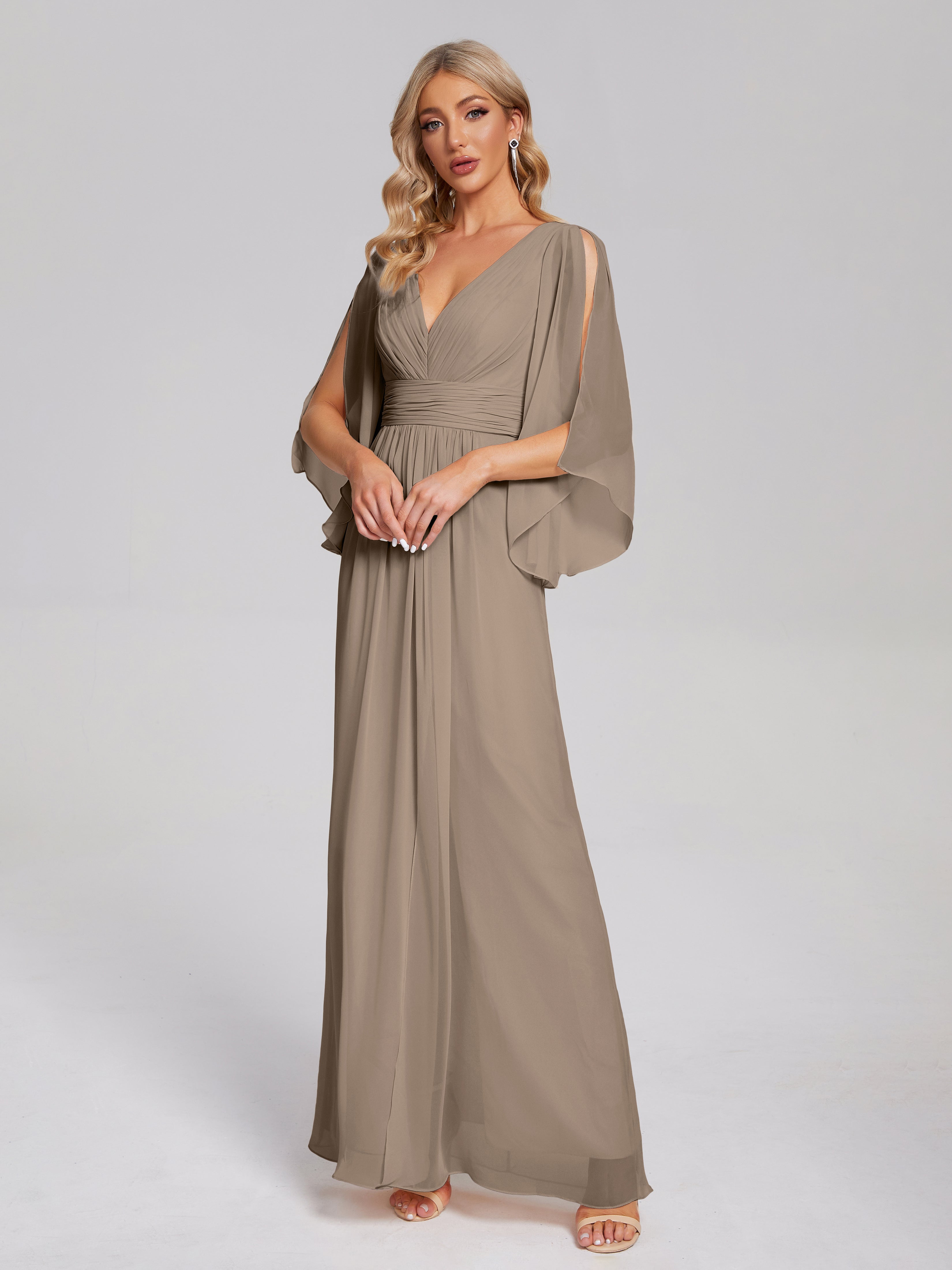Robe De Couleur Taupe Demi Manches Col V Fendue Mousseline Robes Demoiselle D'Honneur