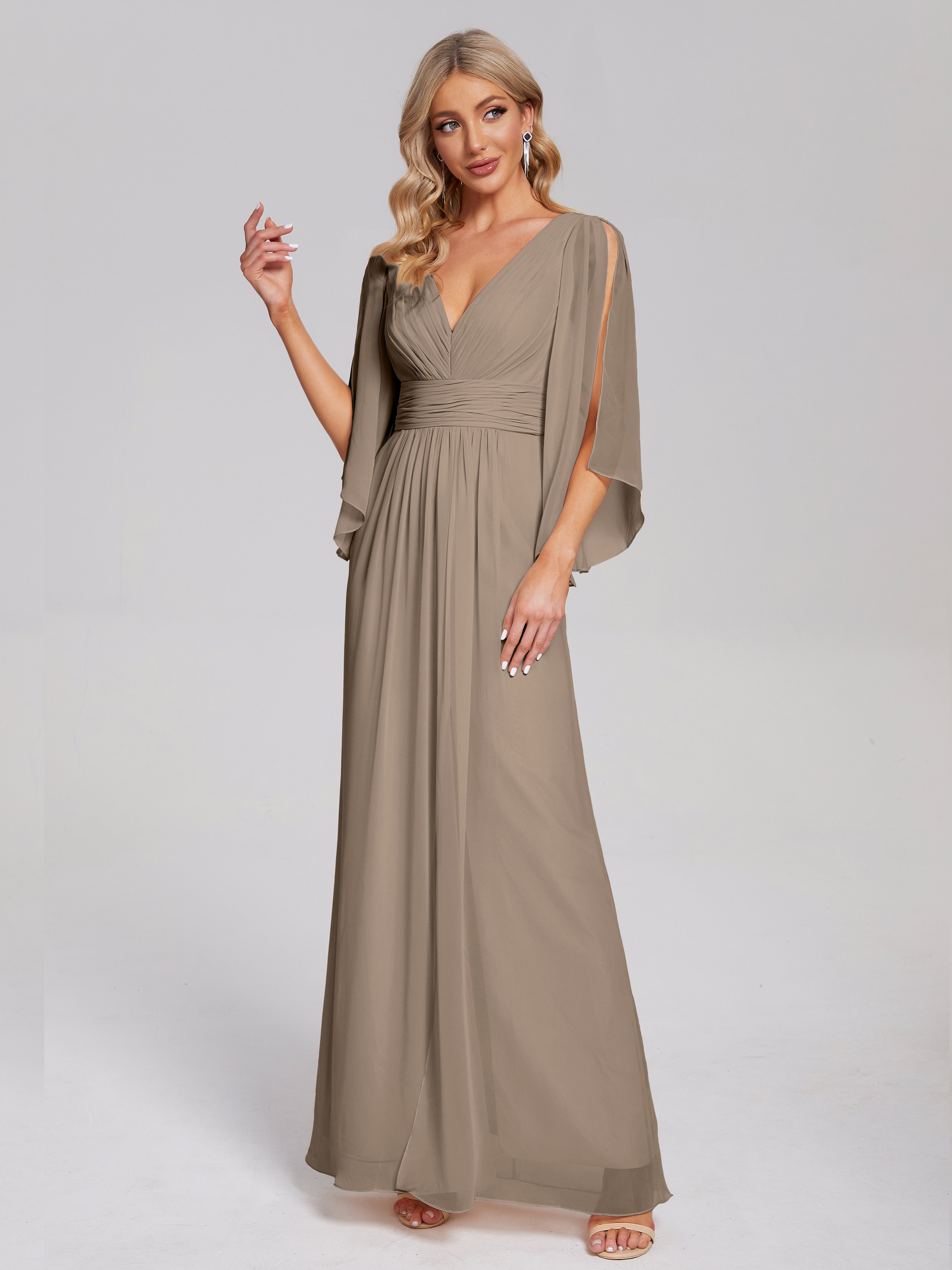 Robe De Couleur Taupe Demi Manches Col V Fendue Mousseline Robes Demoiselle D'Honneur
