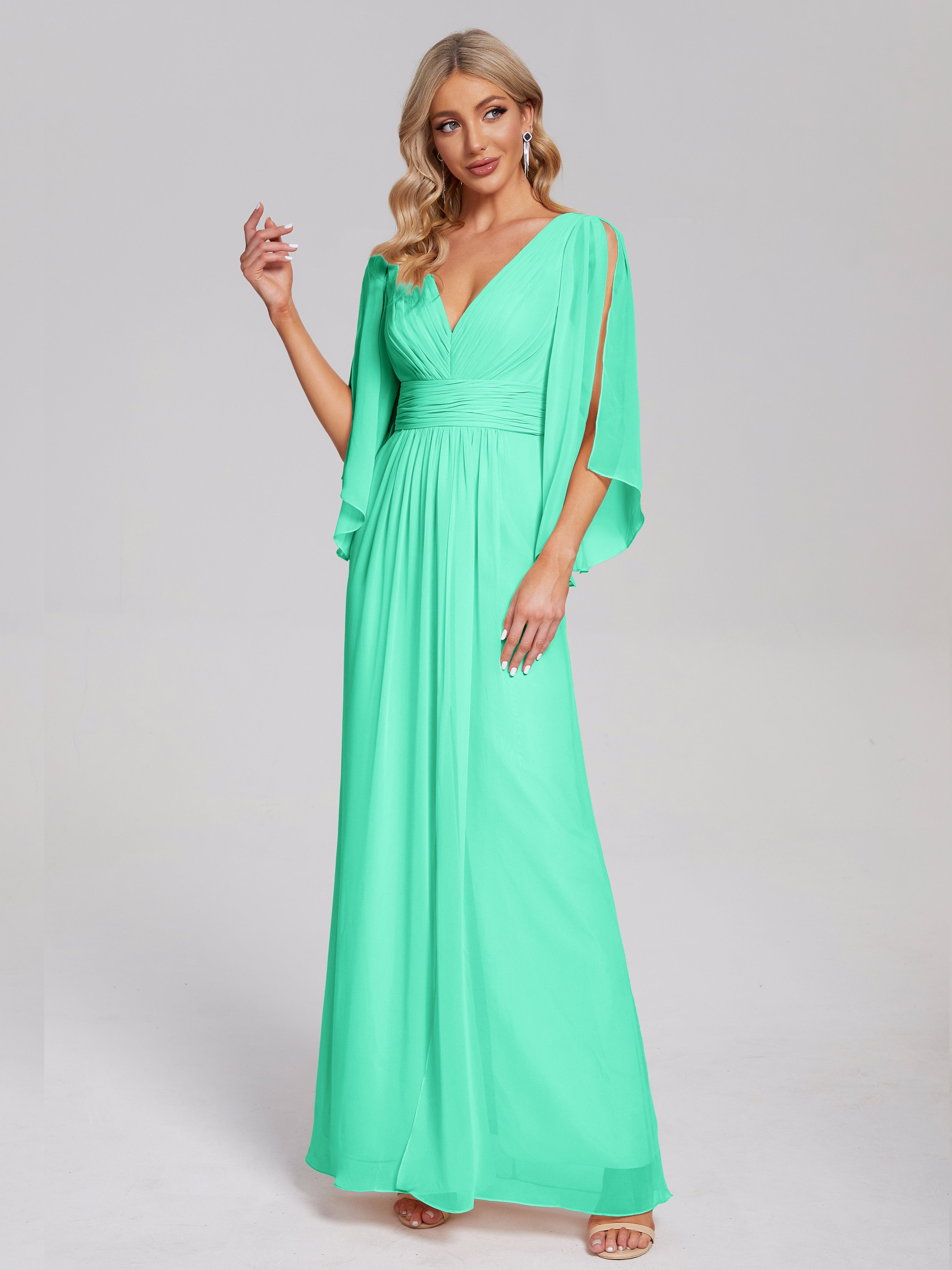 Robe Demoiselle D Honneur Bleu Turquoise Demi Manches Col V Fendue Mousseline Robes Demoiselle D'Honneur