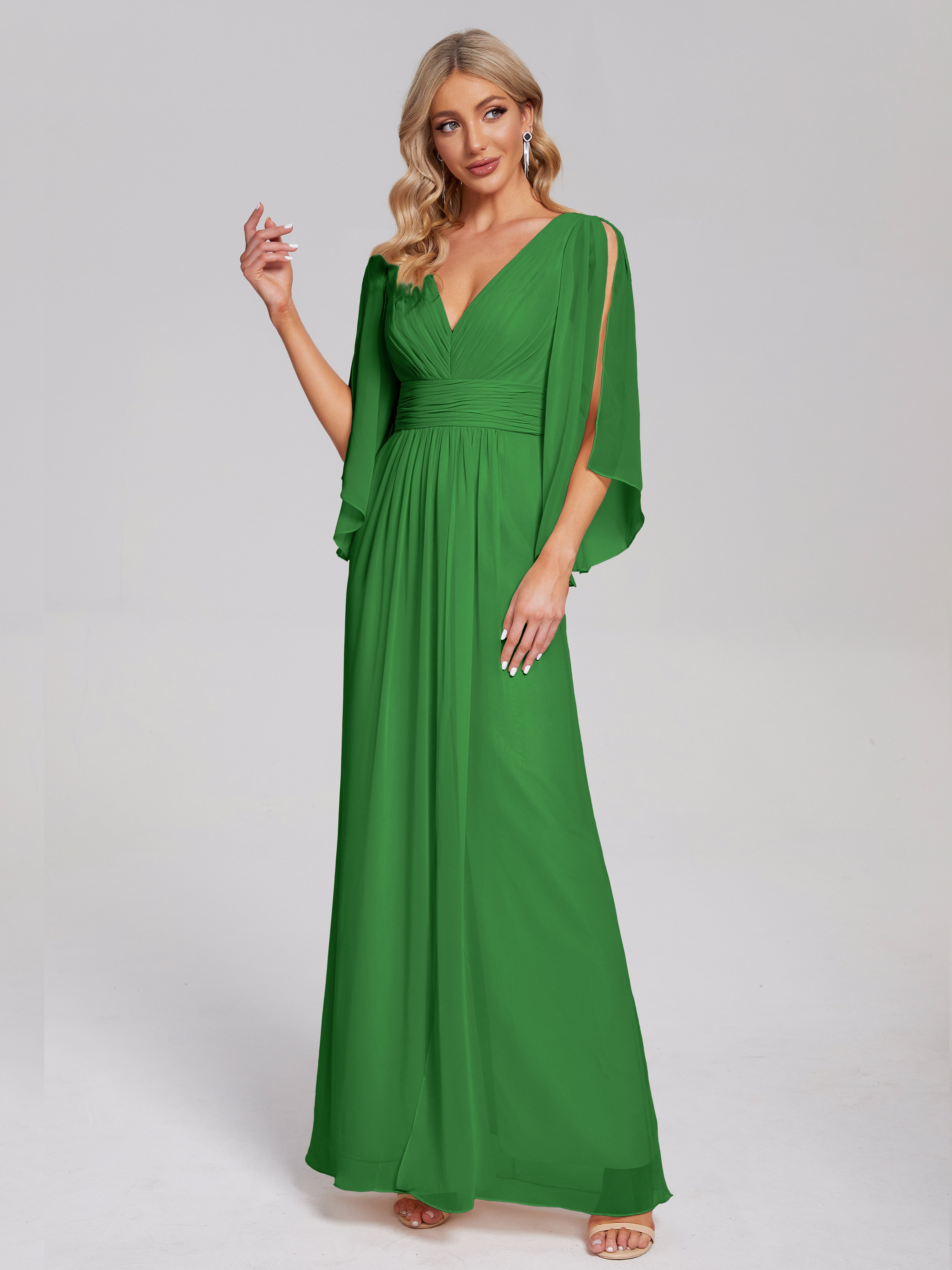 Robe Demoiselle Dhonneur Verte Demi Manches Col V Fendue Mousseline Robes Demoiselle D'Honneur