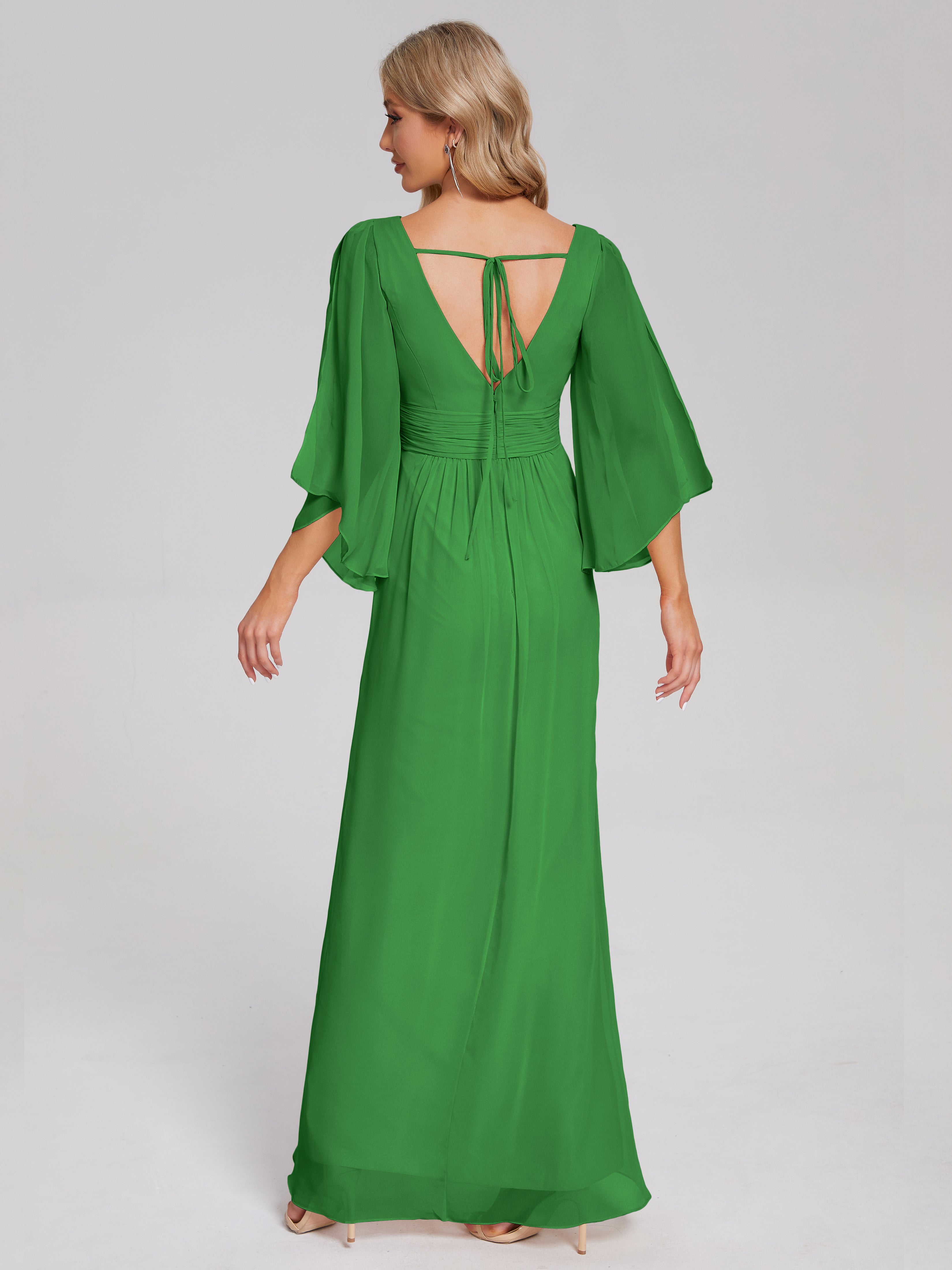Robe Demoiselle Dhonneur Verte Demi Manches Col V Fendue Mousseline Robes Demoiselle D'Honneur