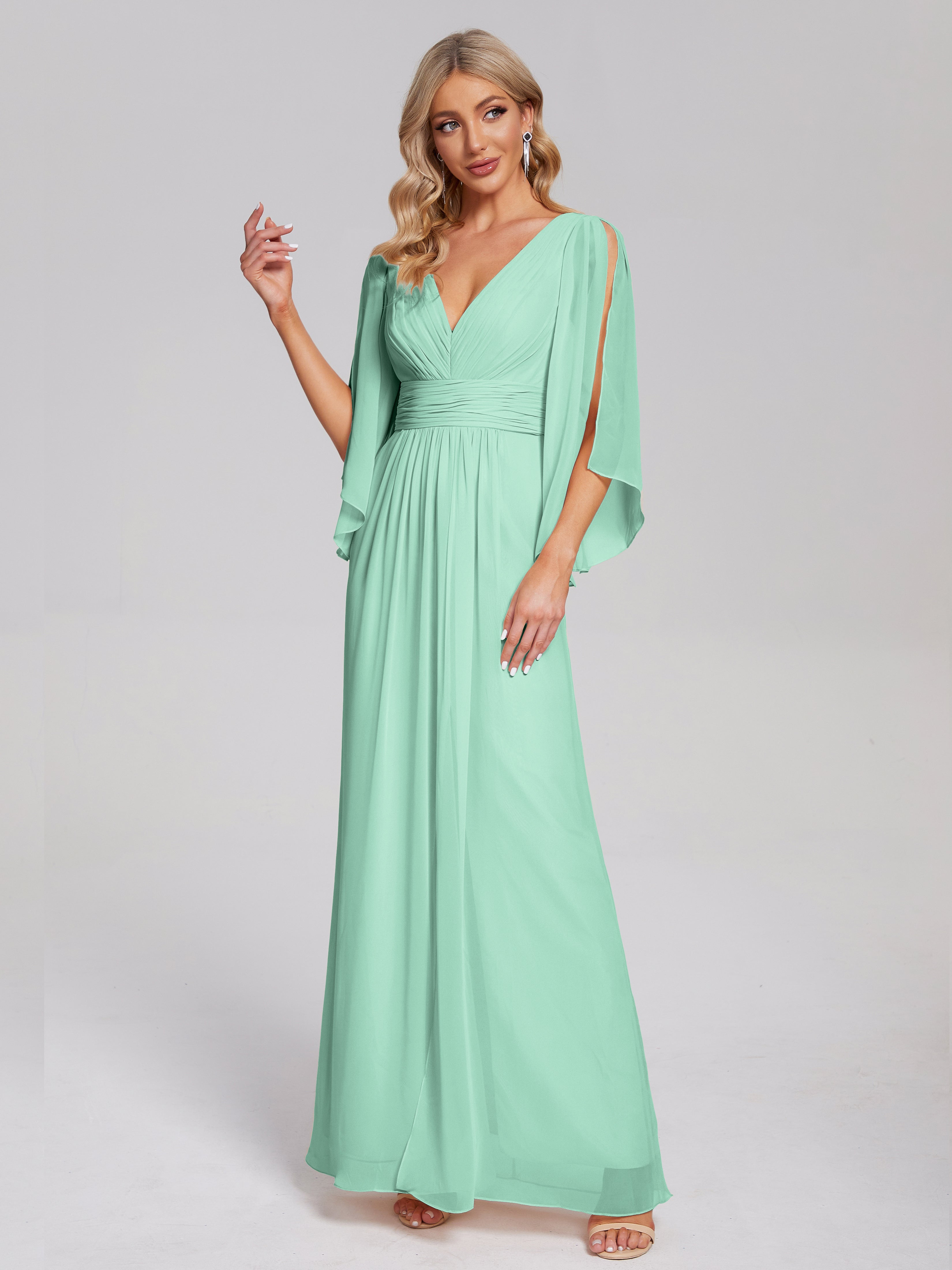 Robes De Demoiselle D'Honneur Vert Menthe Demi Manches Col V Fendue Mousseline Robes Demoiselle D'Honneur
