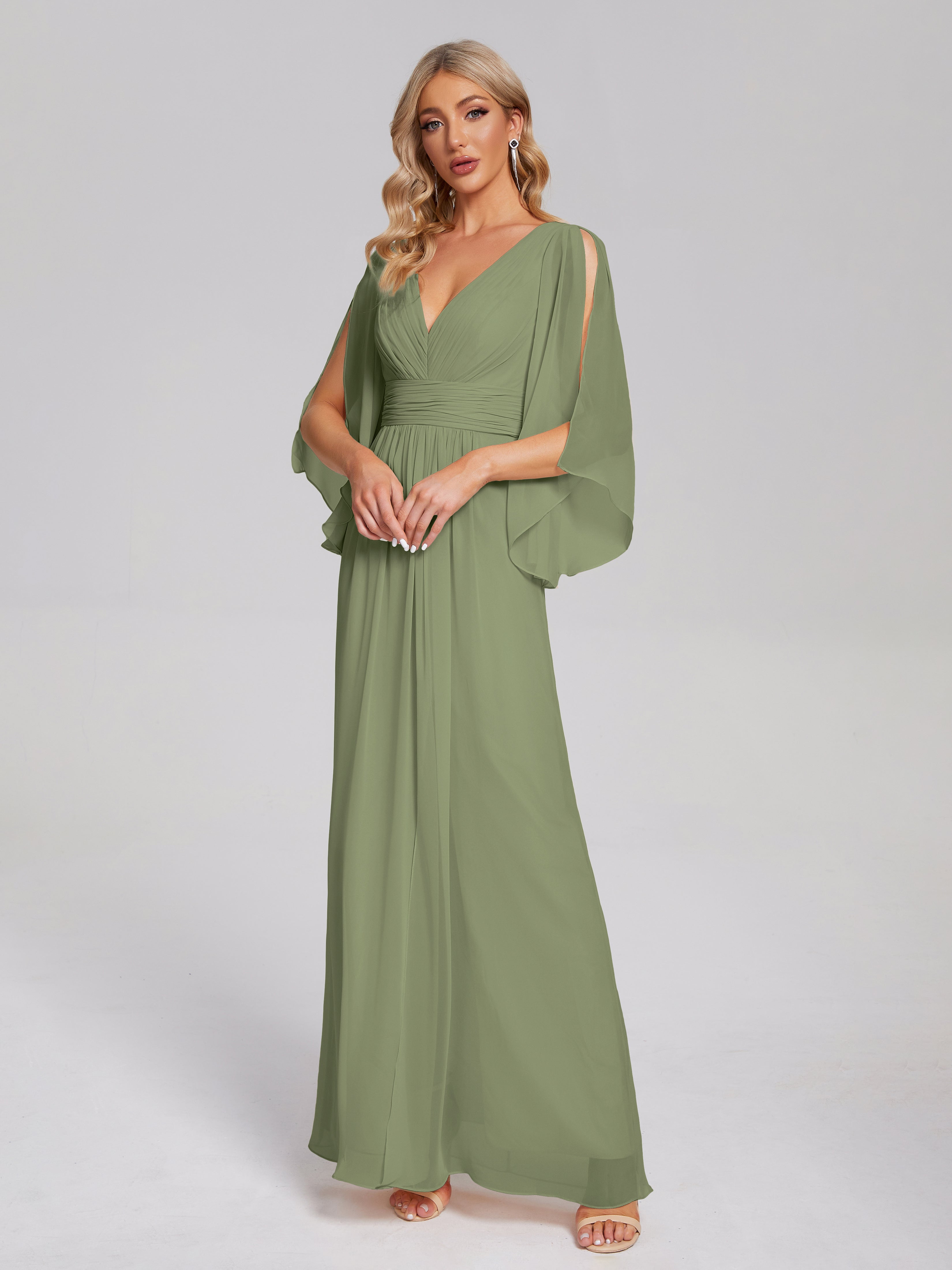 Robe De Demoiselle D Honneur Vert Olive Demi Manches Col V Fendue Mousseline Robes Demoiselle D'Honneur