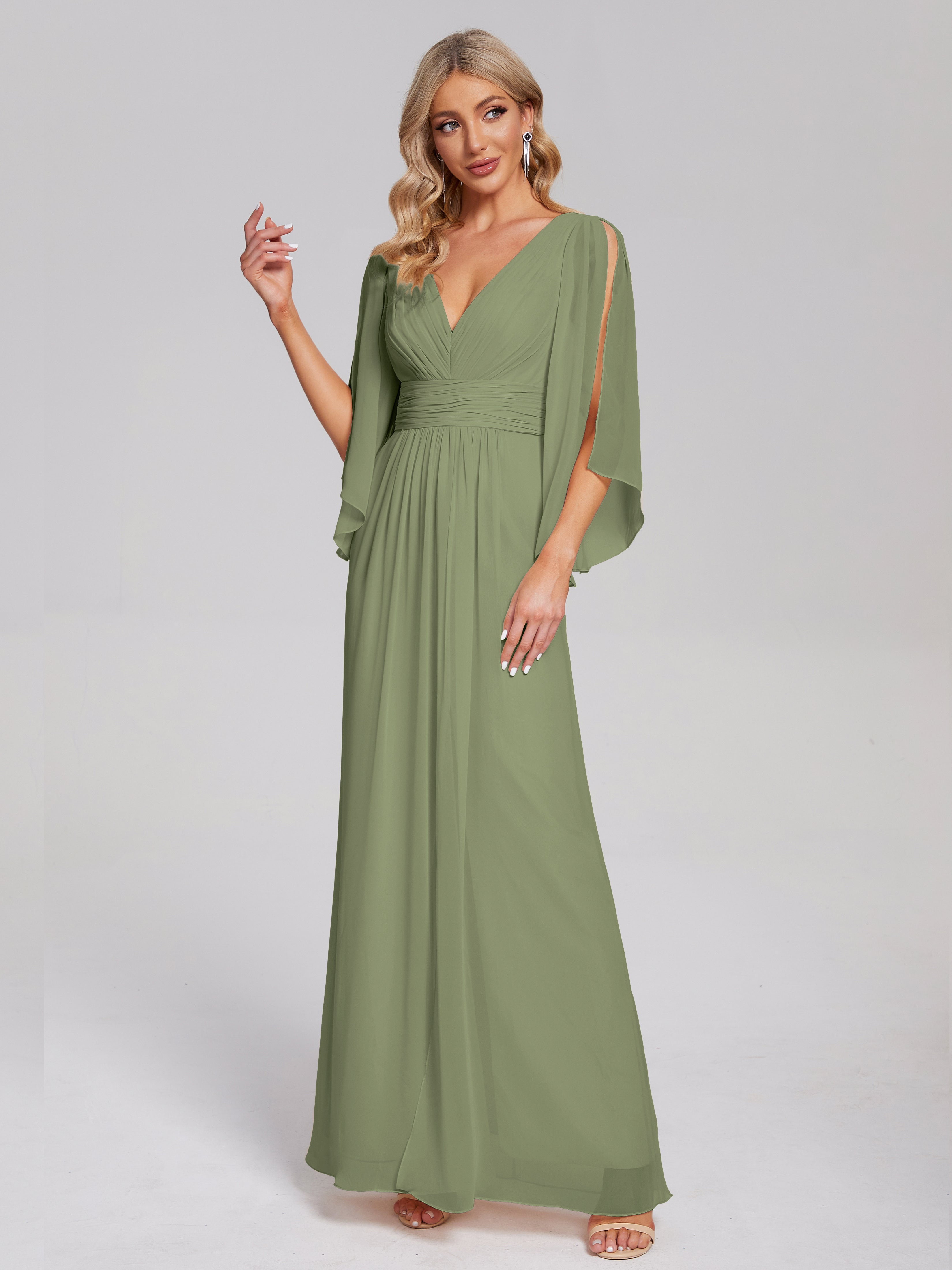 Robe De Demoiselle D Honneur Vert Olive Demi Manches Col V Fendue Mousseline Robes Demoiselle D'Honneur