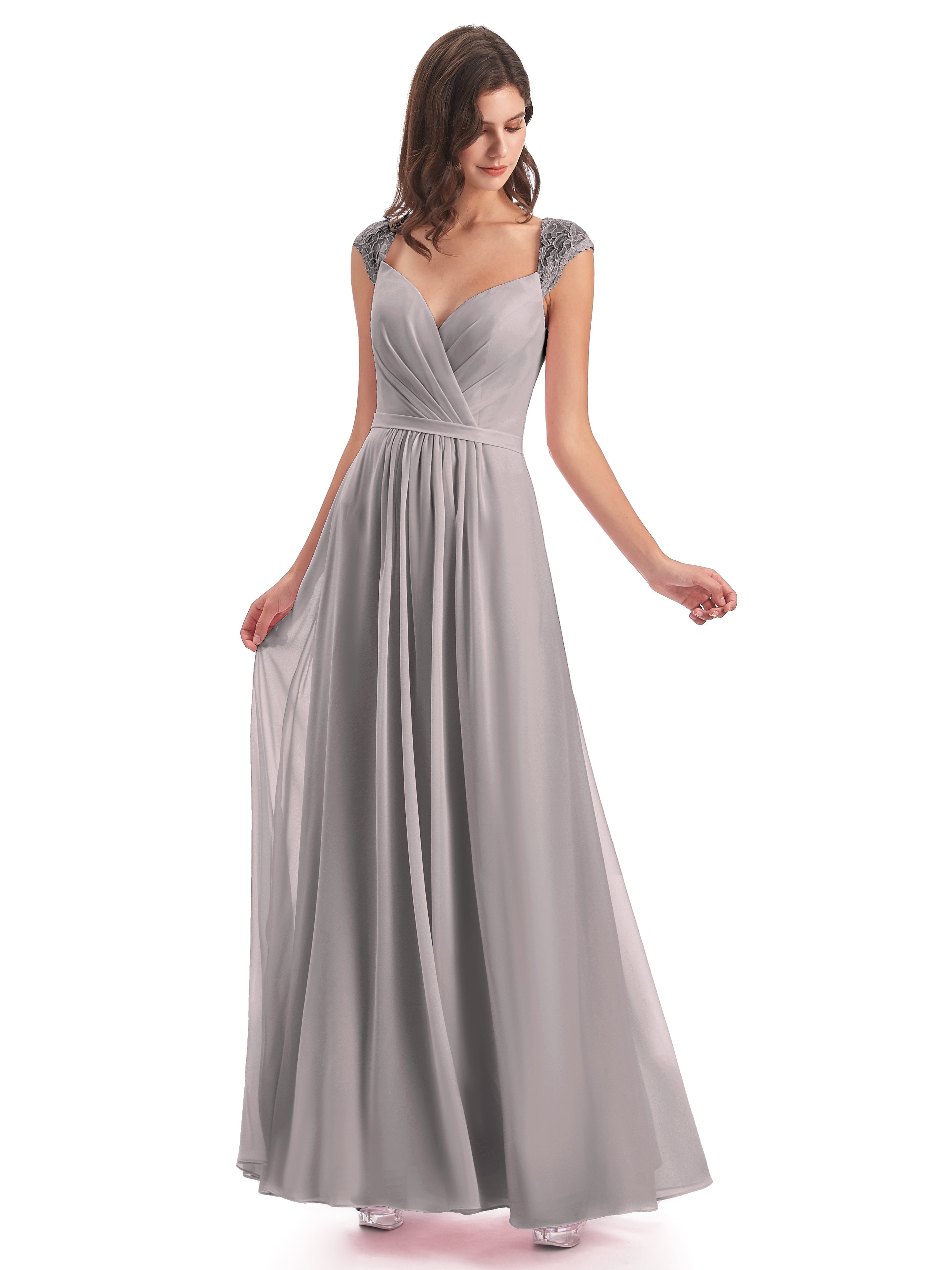 Robe Demoiselle D Honneur Argent Mancherons Dos Ouvert Mousseline Robes Demoiselle D'Honneur