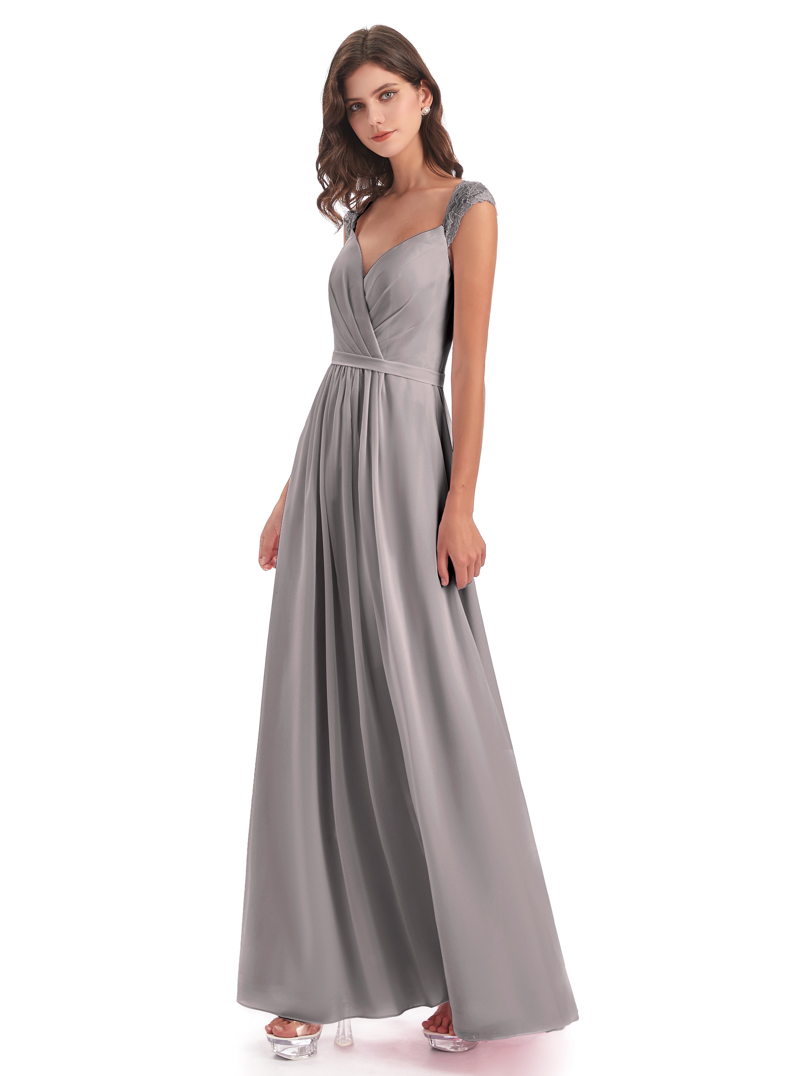 Robe Demoiselle D Honneur Argent Mancherons Dos Ouvert Mousseline Robes Demoiselle D'Honneur
