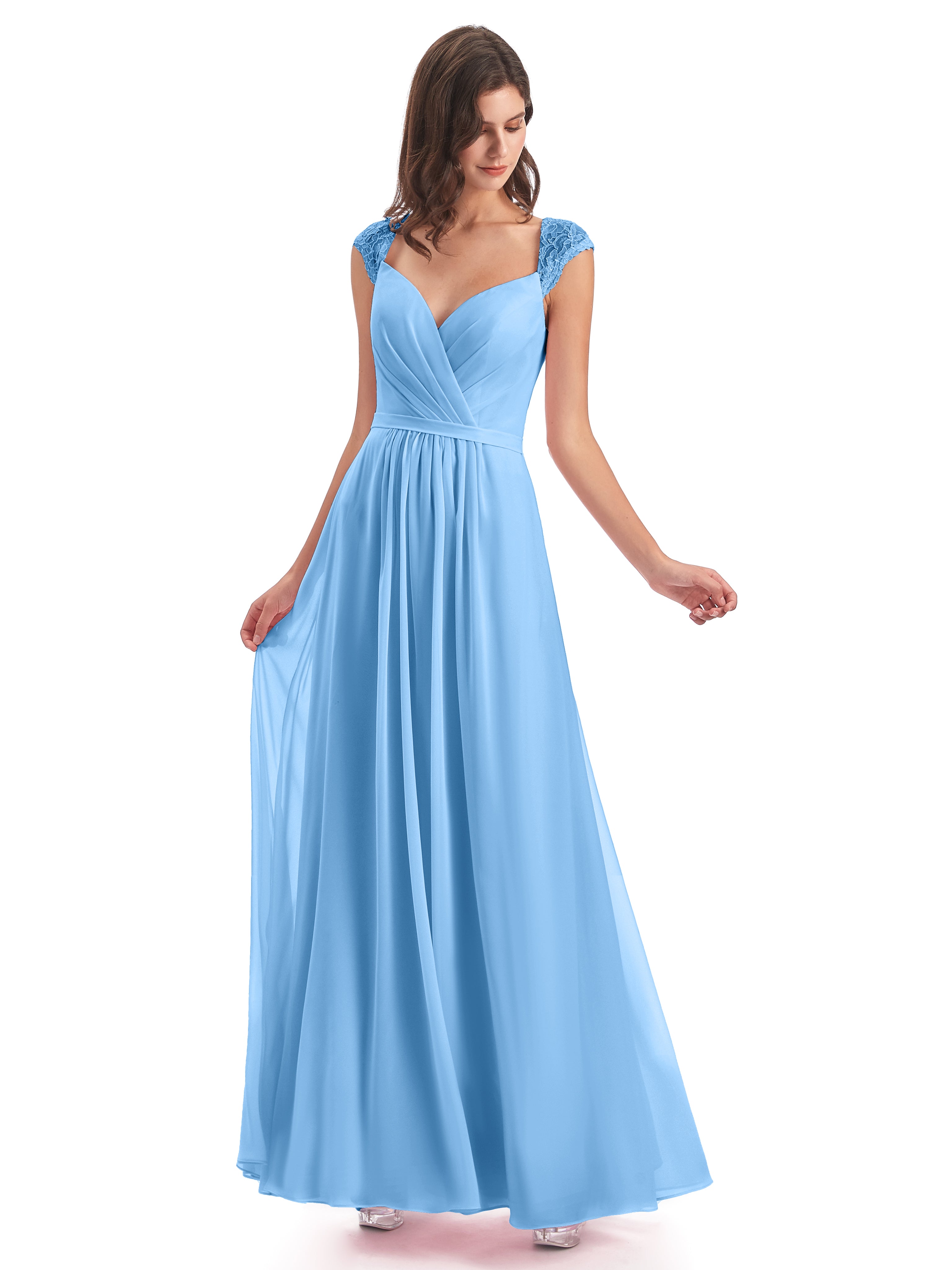Robe De Demoiselle D Honneur Bleu Mancherons Dos Ouvert Mousseline Robes Demoiselle D'Honneur
