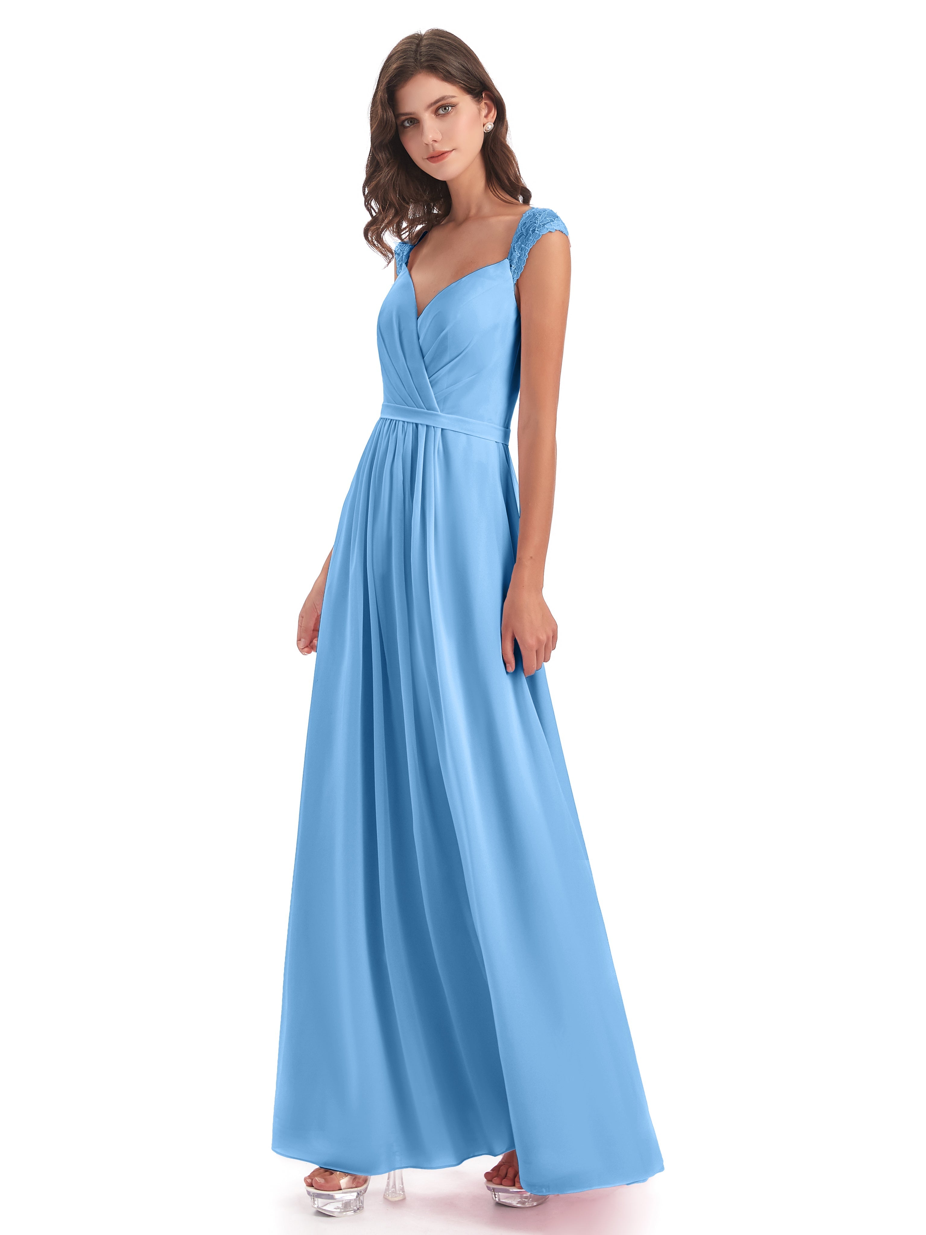 Robe De Demoiselle D Honneur Bleu Mancherons Dos Ouvert Mousseline Robes Demoiselle D'Honneur