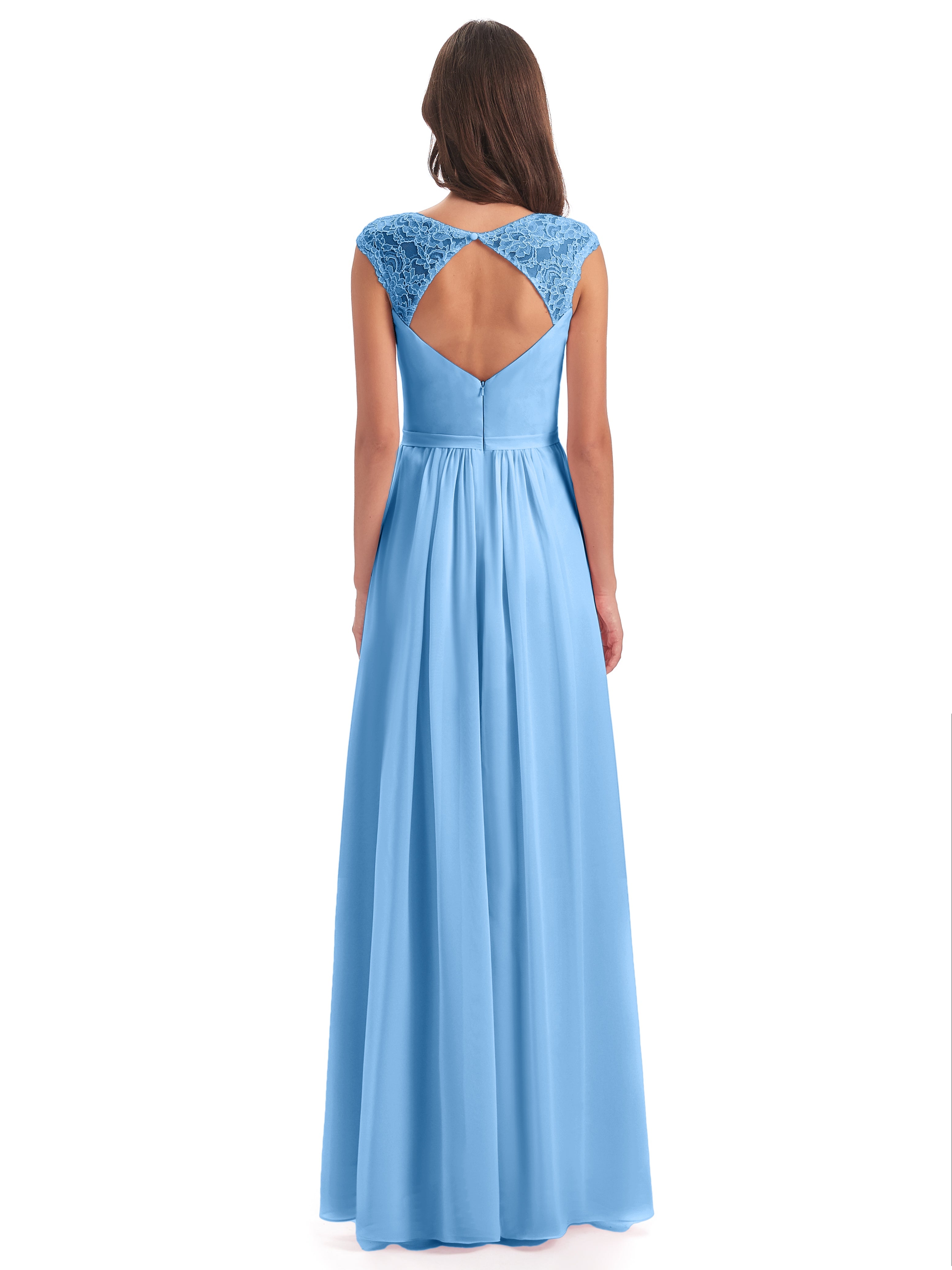 Robe De Demoiselle D Honneur Bleu Mancherons Dos Ouvert Mousseline Robes Demoiselle D'Honneur