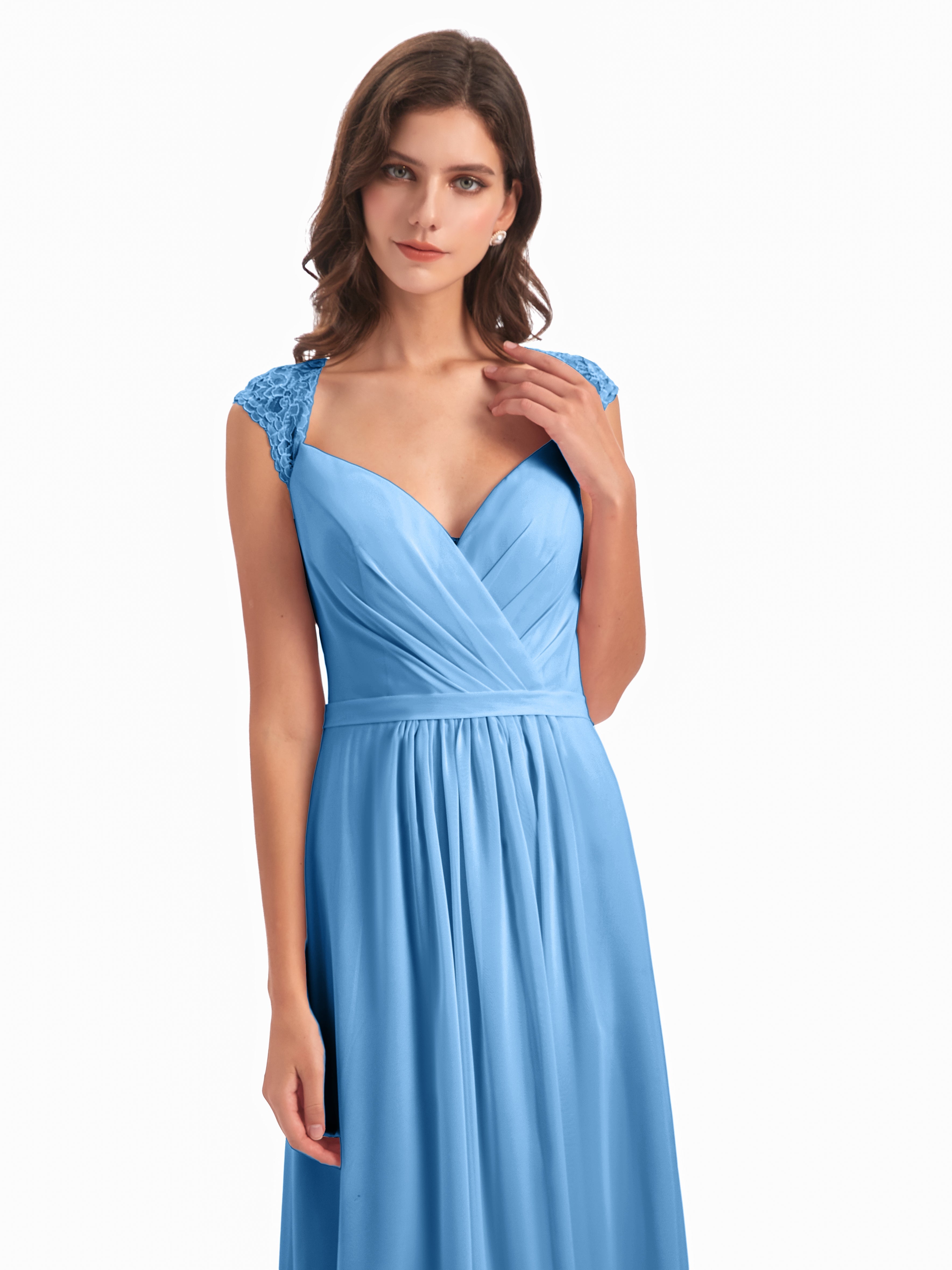 Robe De Demoiselle D Honneur Bleu Mancherons Dos Ouvert Mousseline Robes Demoiselle D'Honneur