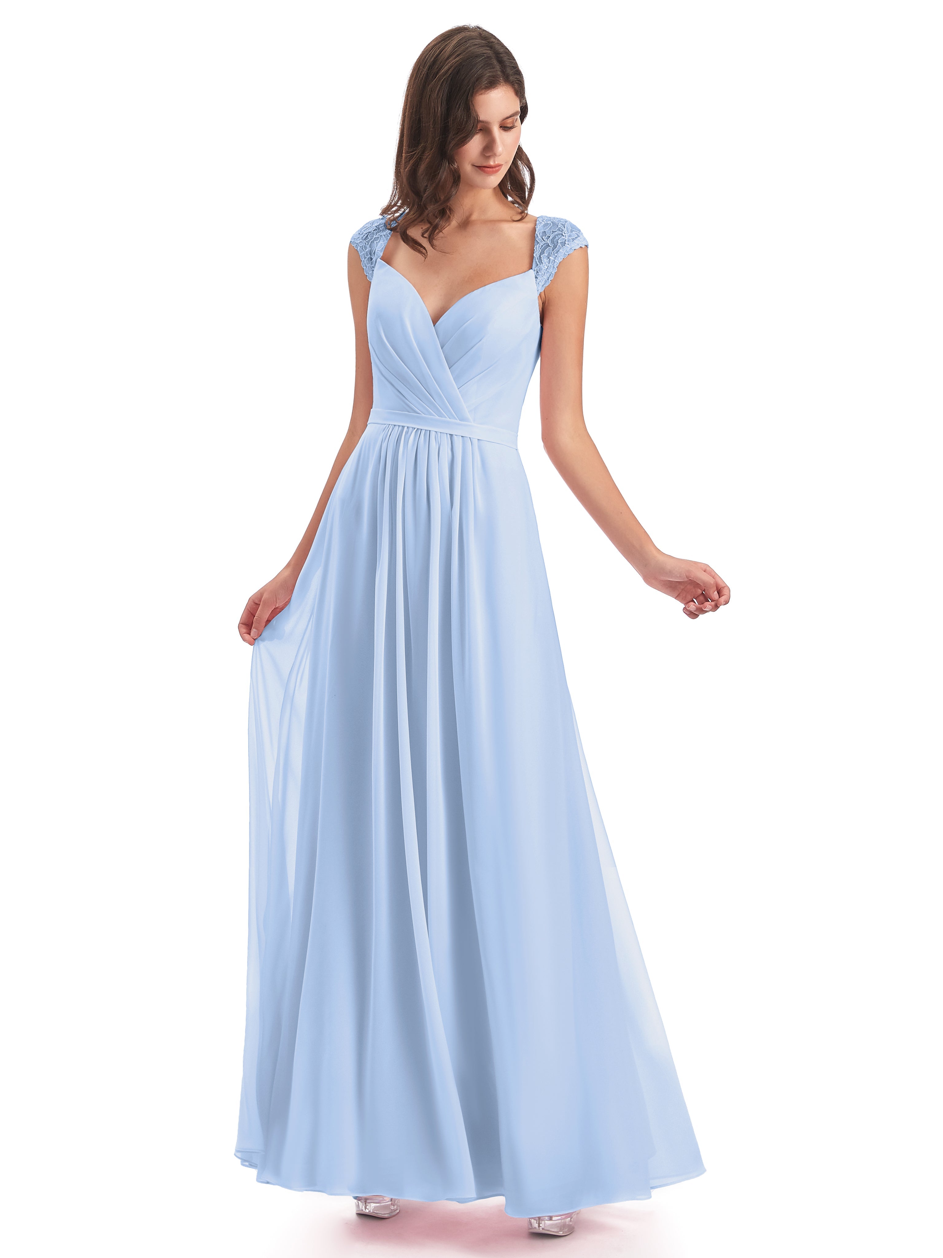 Robes De Demoiselle D'Honneur Bleu Ciel Mancherons Dos Ouvert Mousseline Robes Demoiselle D'Honneur