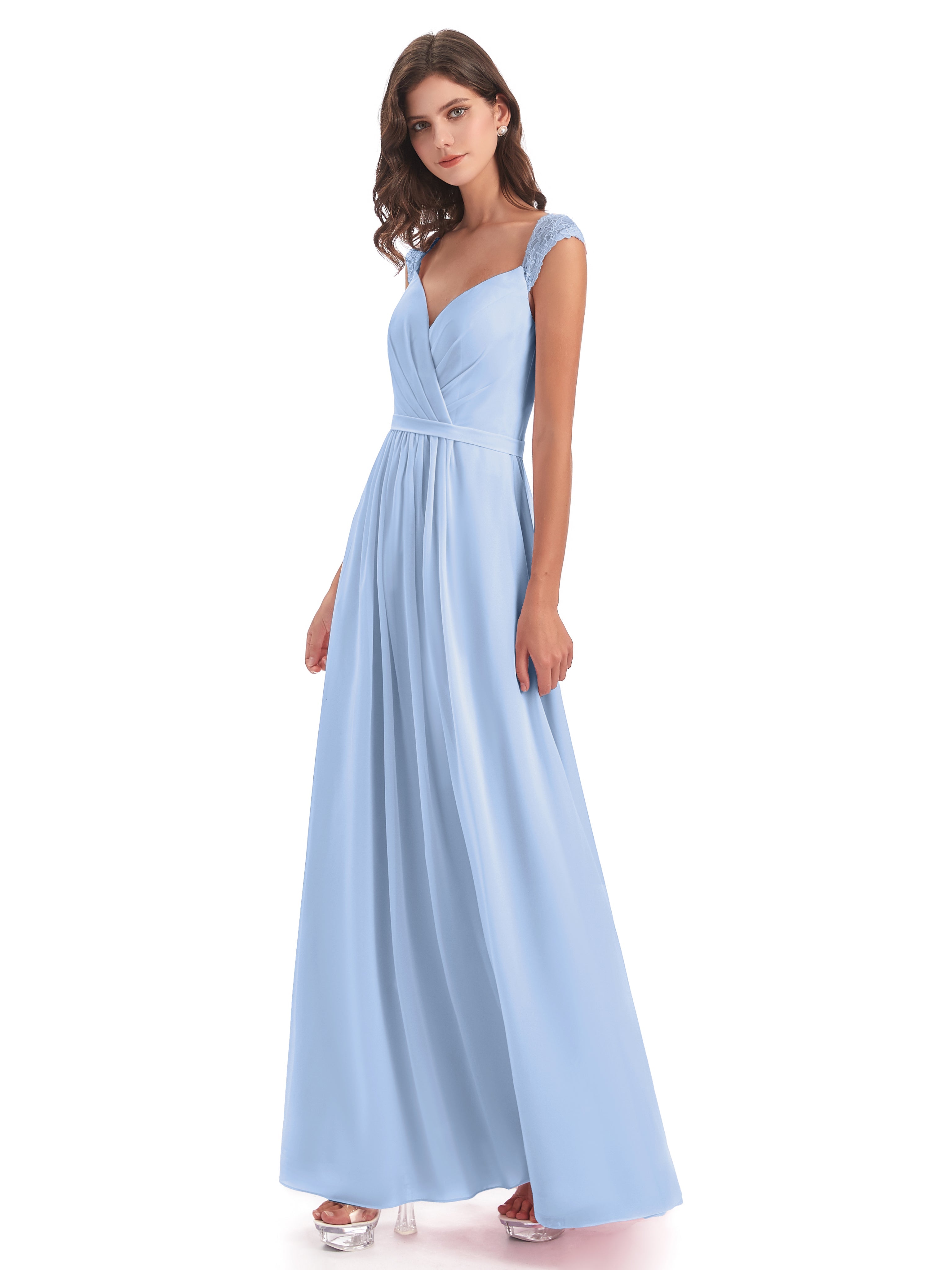 Robes De Demoiselle D'Honneur Bleu Ciel Mancherons Dos Ouvert Mousseline Robes Demoiselle D'Honneur