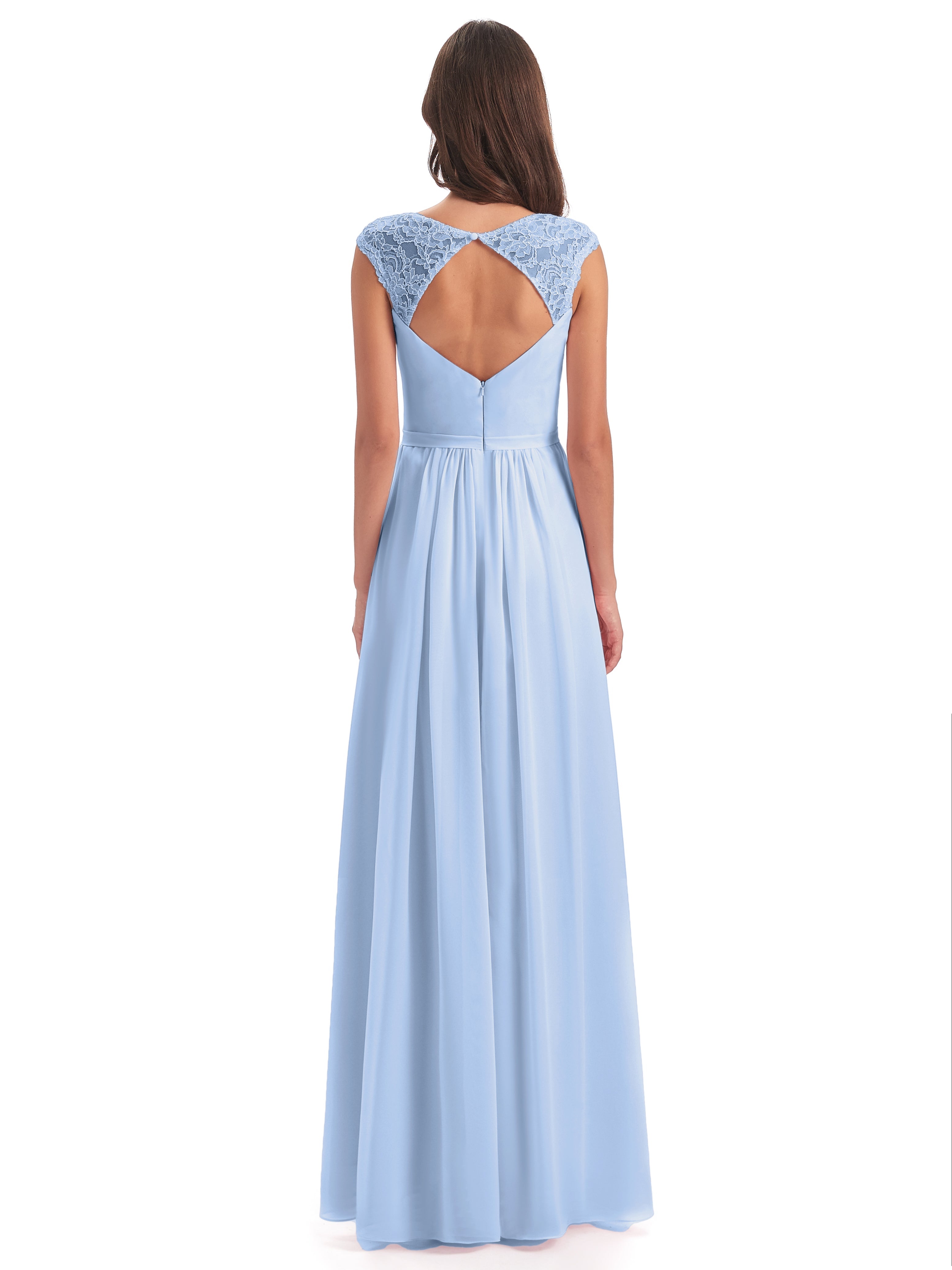 Robes De Demoiselle D'Honneur Bleu Ciel Mancherons Dos Ouvert Mousseline Robes Demoiselle D'Honneur
