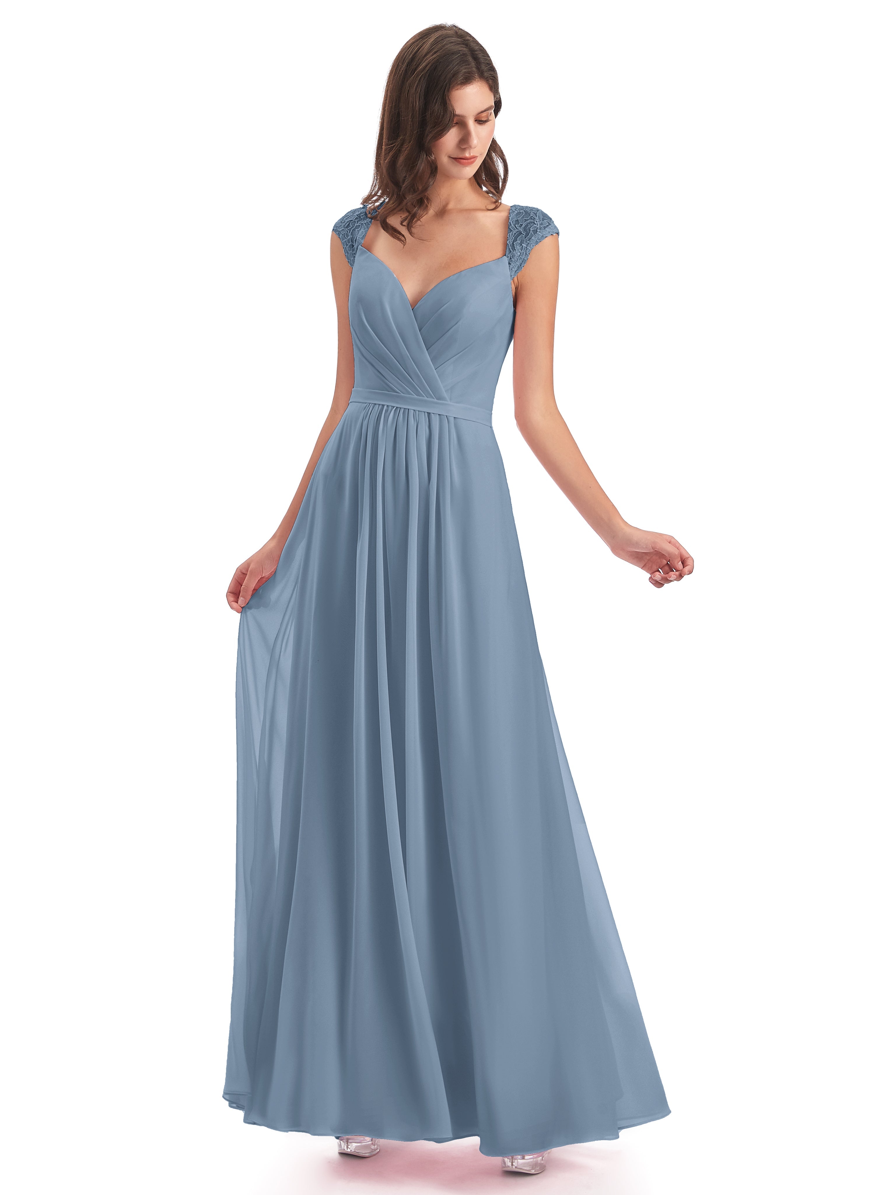Robes De Demoiselle D'Honneur Bleu De Schiste Mancherons Dos Ouvert Mousseline Robes Demoiselle D'Honneur