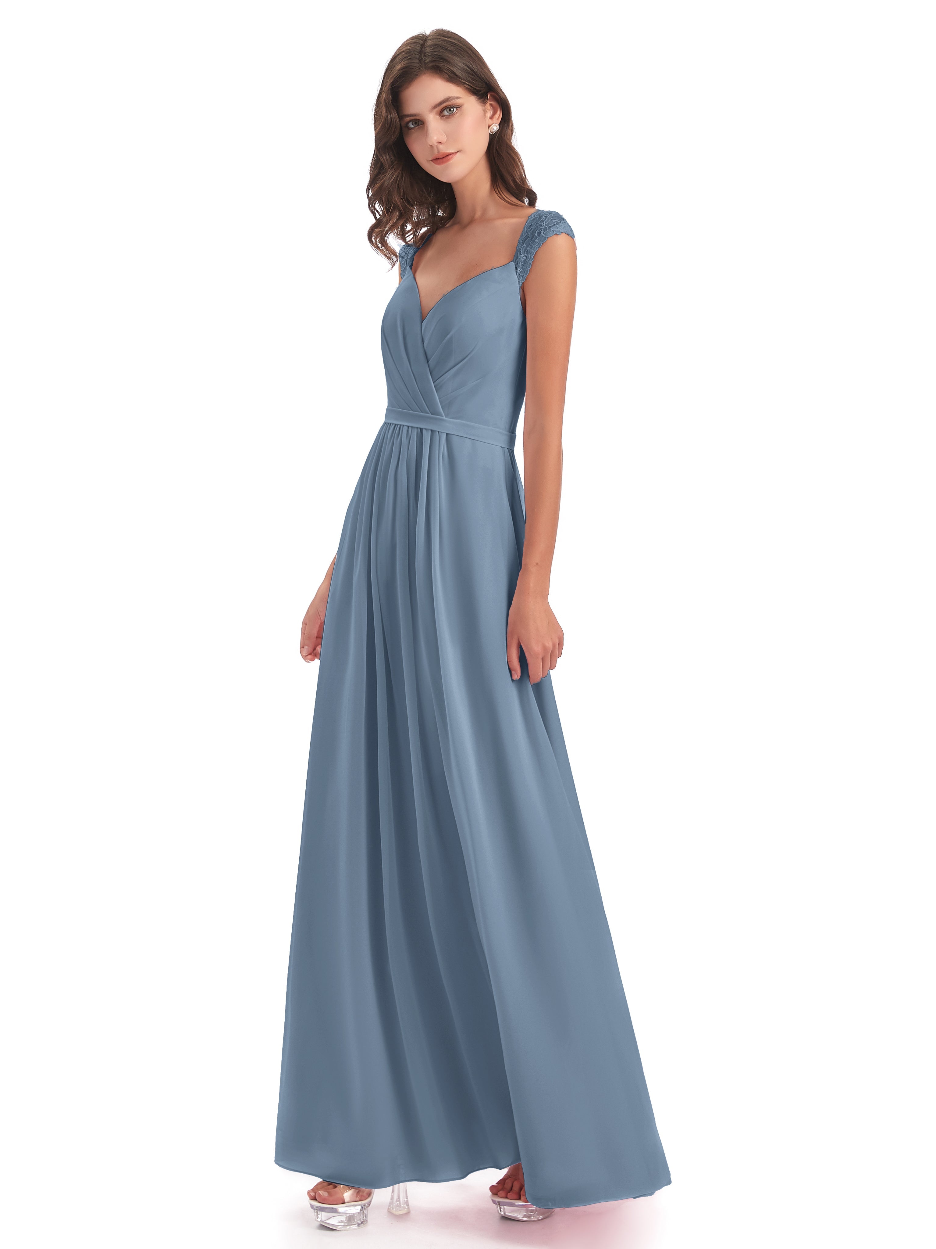 Robes De Demoiselle D'Honneur Bleu De Schiste Mancherons Dos Ouvert Mousseline Robes Demoiselle D'Honneur