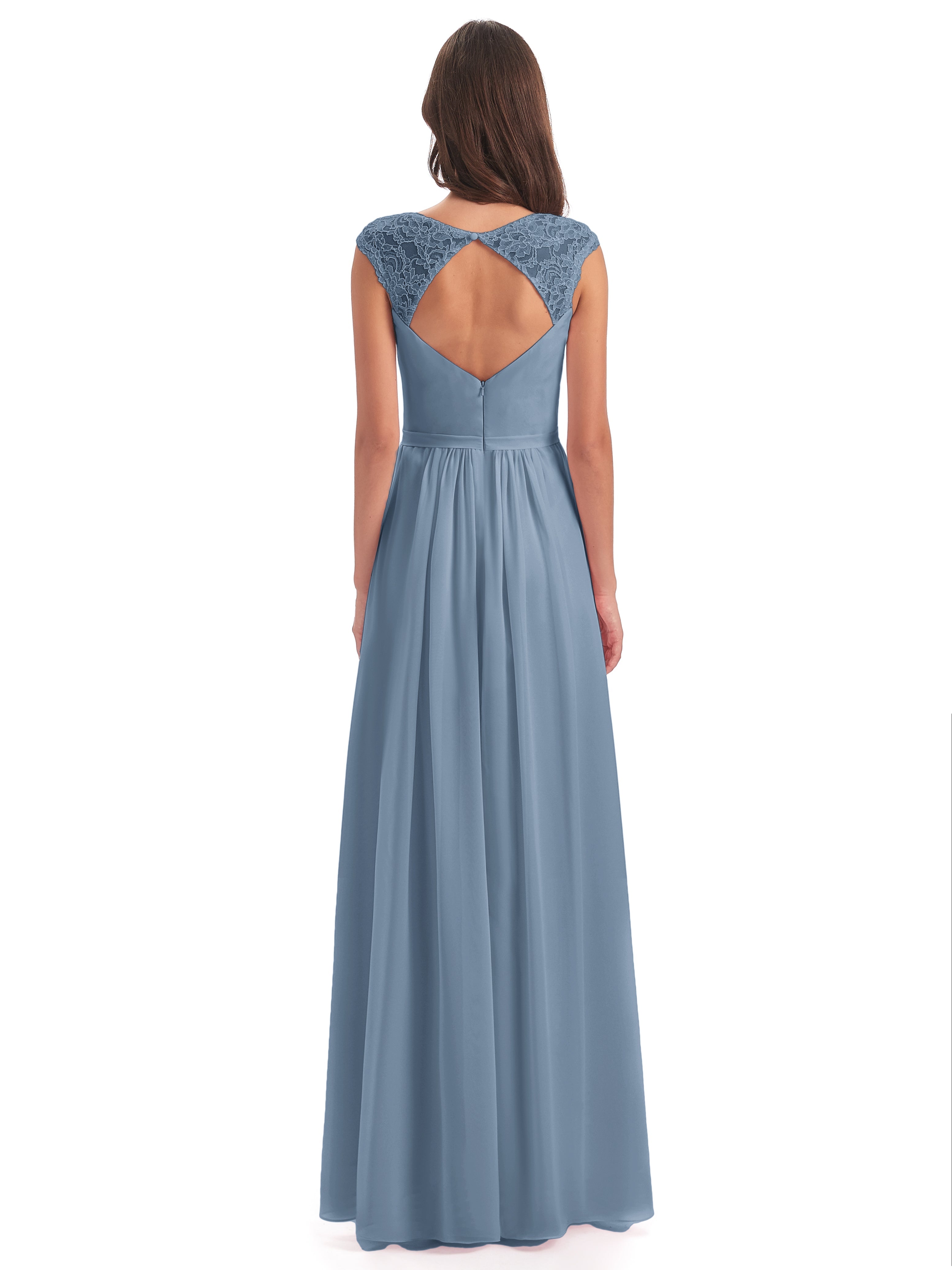 Robes De Demoiselle D'Honneur Bleu De Schiste Mancherons Dos Ouvert Mousseline Robes Demoiselle D'Honneur