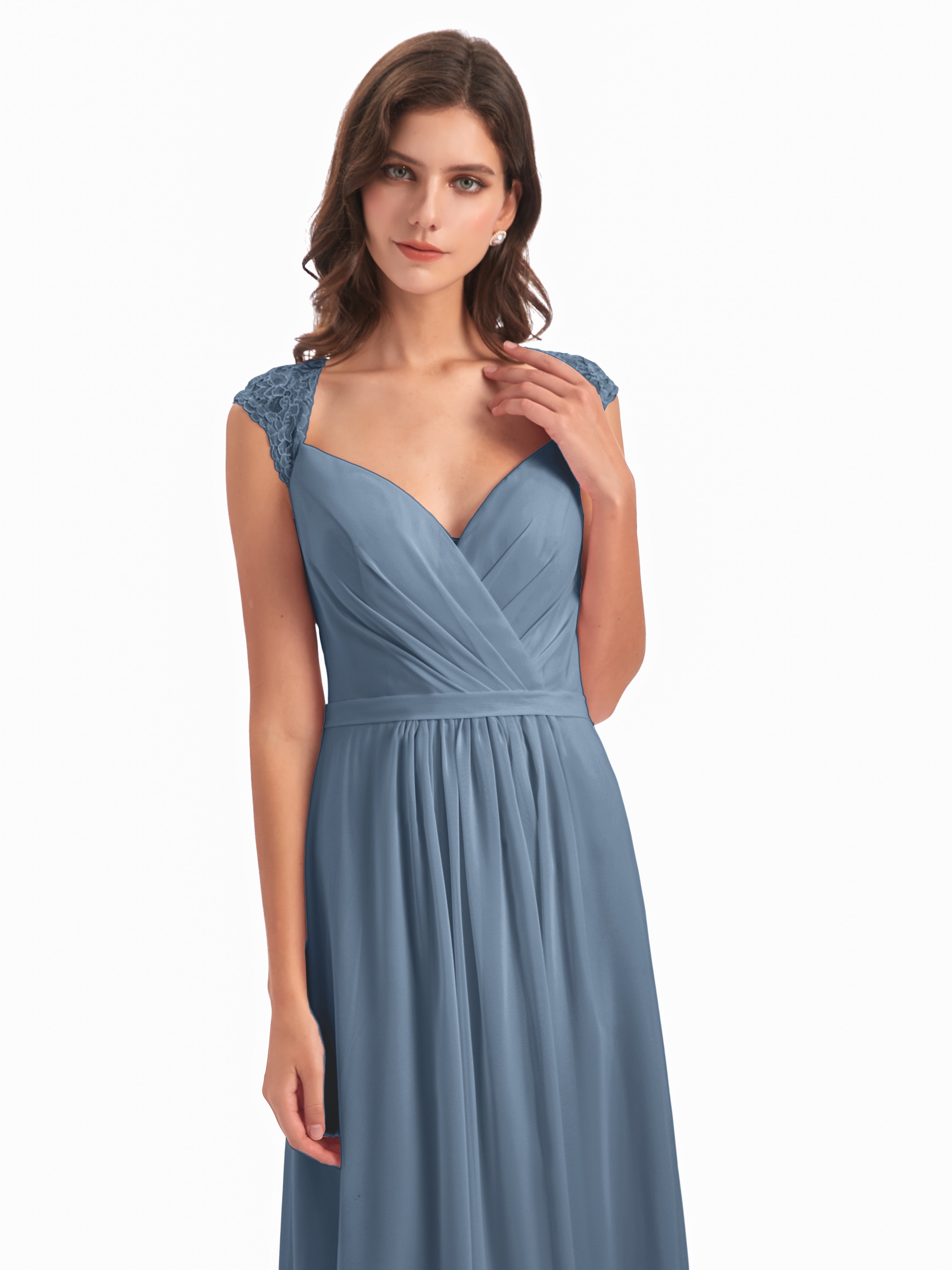 Robes De Demoiselle D'Honneur Bleu De Schiste Mancherons Dos Ouvert Mousseline Robes Demoiselle D'Honneur